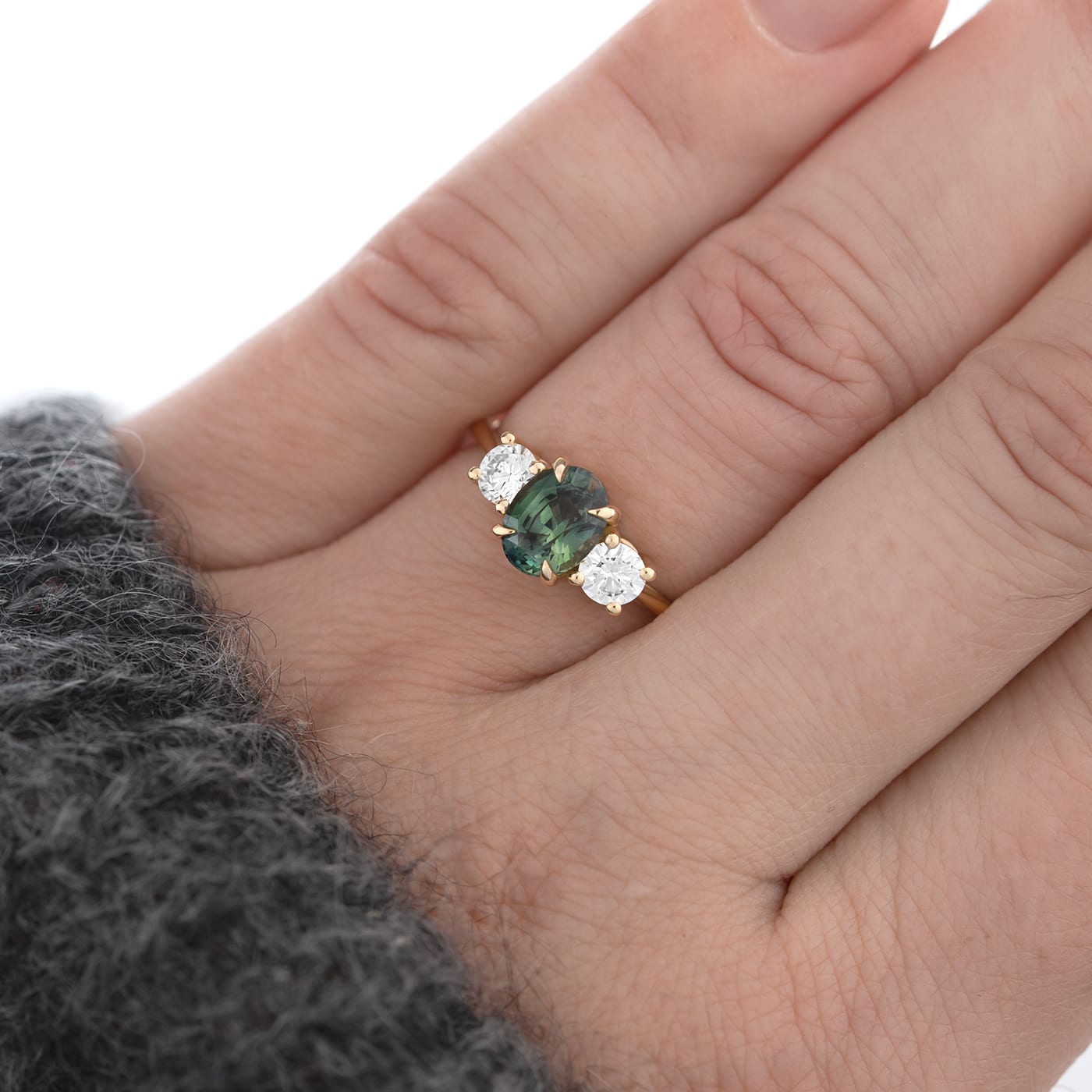 Green sapphire and diamond trilogy ring — 3