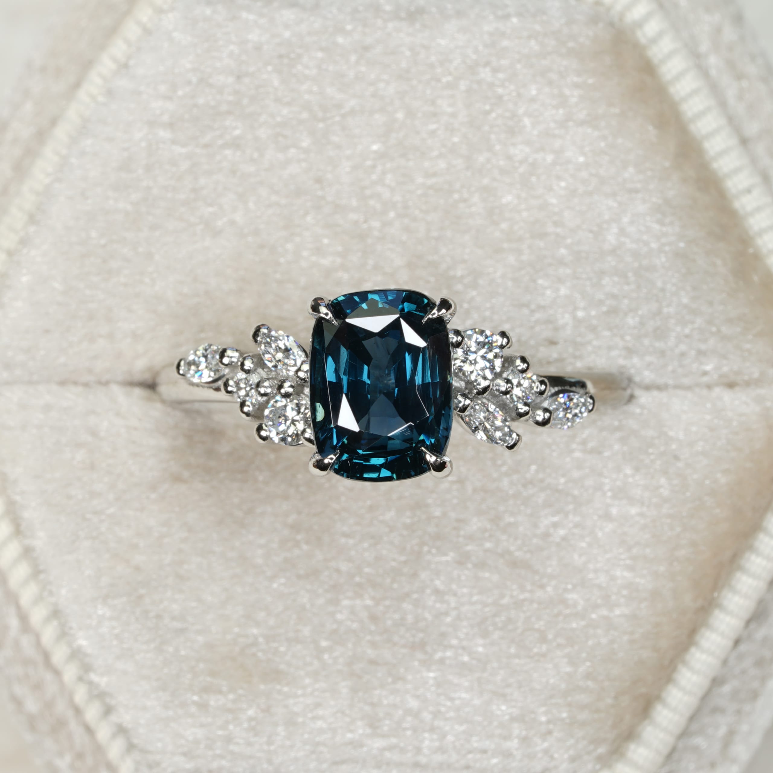 Cushion cut peacock blue sapphire and diamond ring — 1