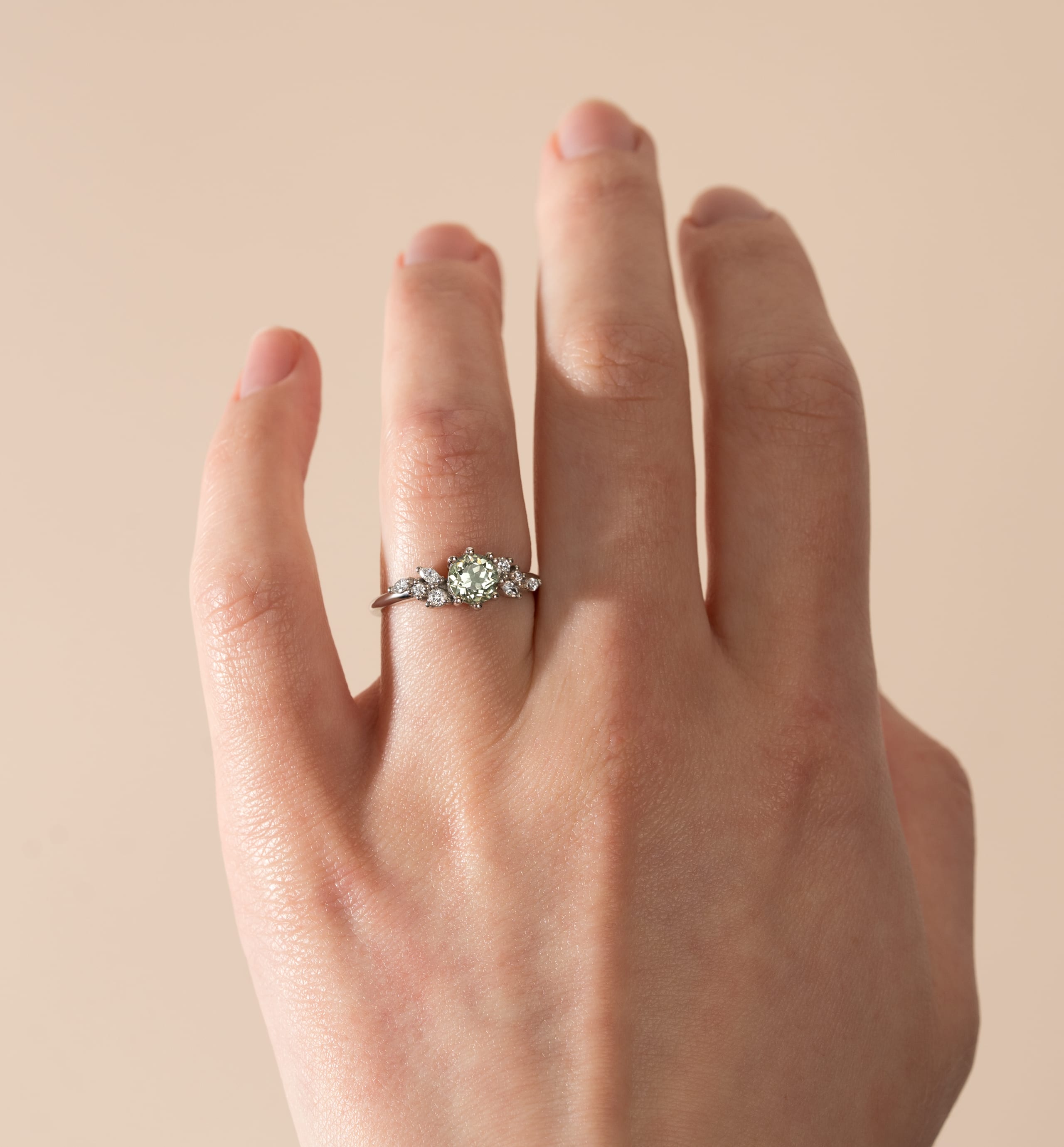 Lab grown seafoam green sapphire and diamond ring - alternate view