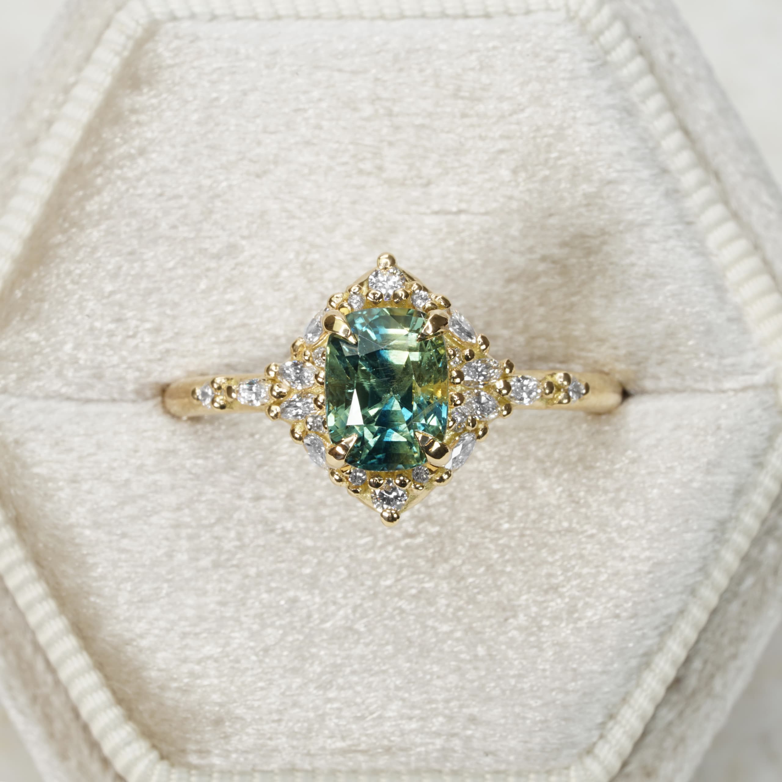'Elderwood' Cushion parti sapphire and diamond ring — 1