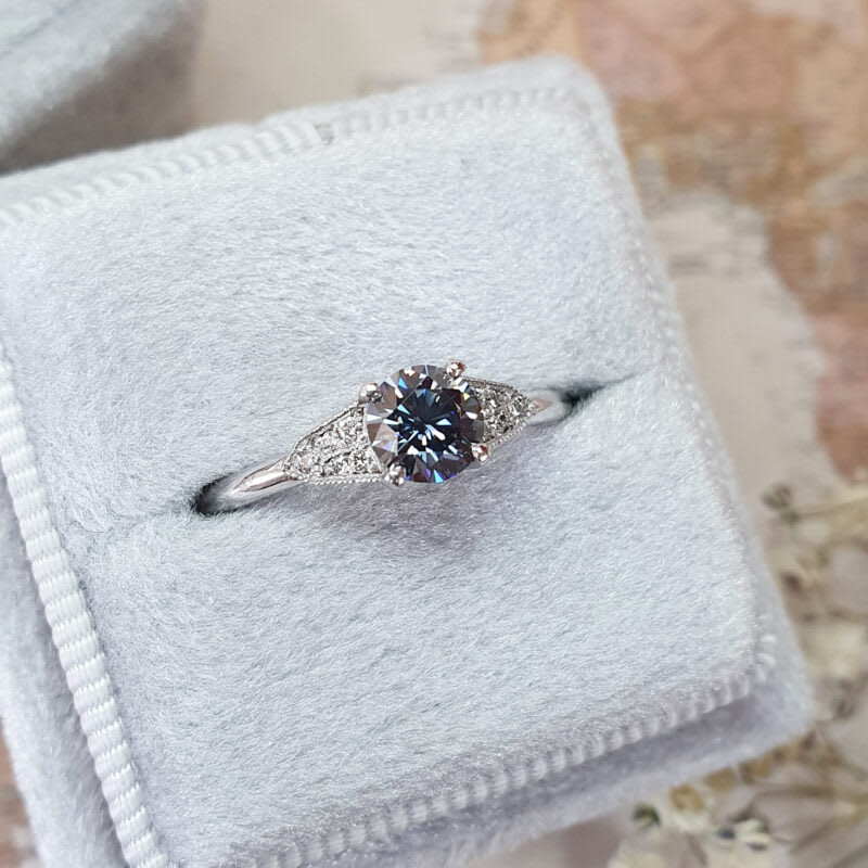 "The Victoria" - Midnight grey moissanite and diamond 1920s inspired ring - alternate view