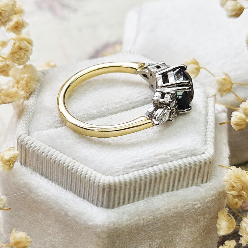 Cushion cut teal sapphire and lab grown diamond ring — 4