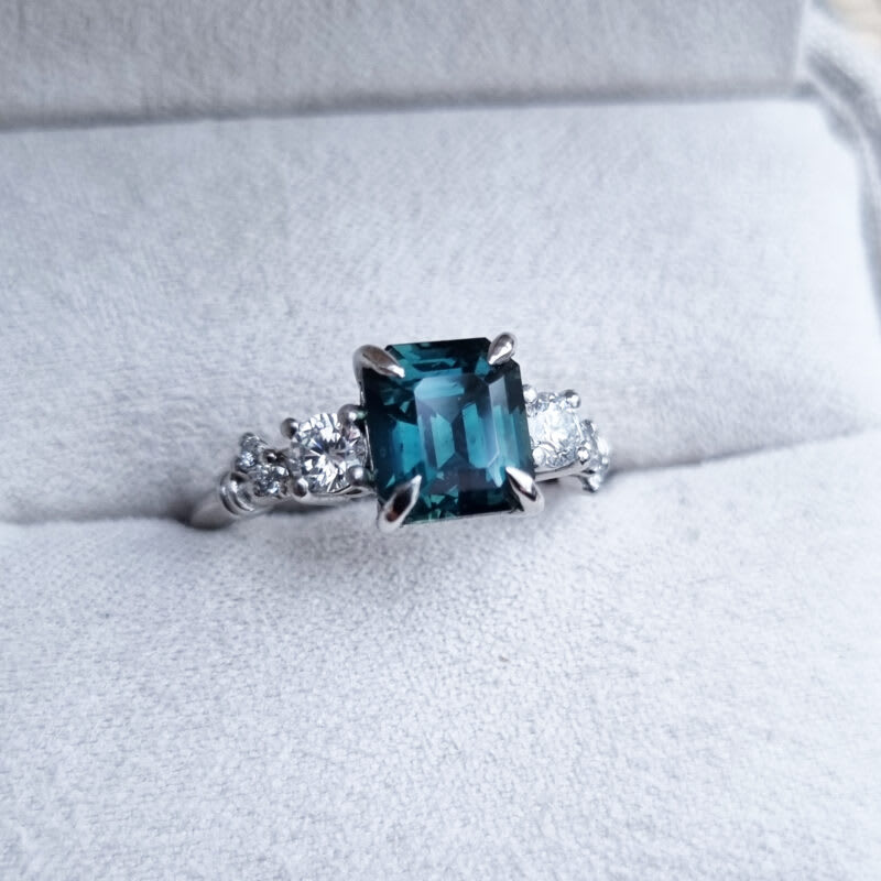 Emerald cut teal sapphire and diamond ring — 1