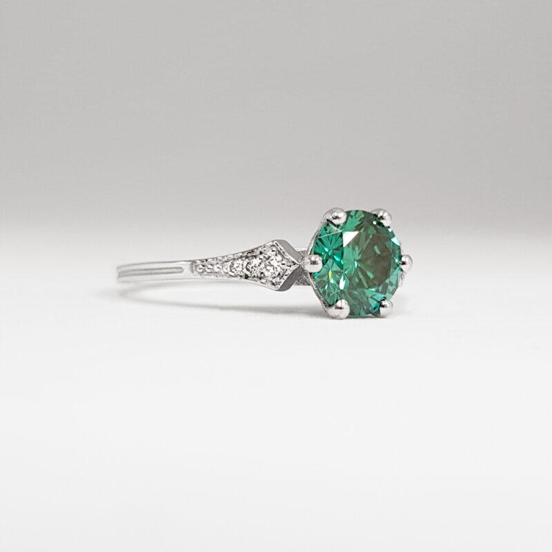 Teal moissanite and diamond engagement ring - alternate view