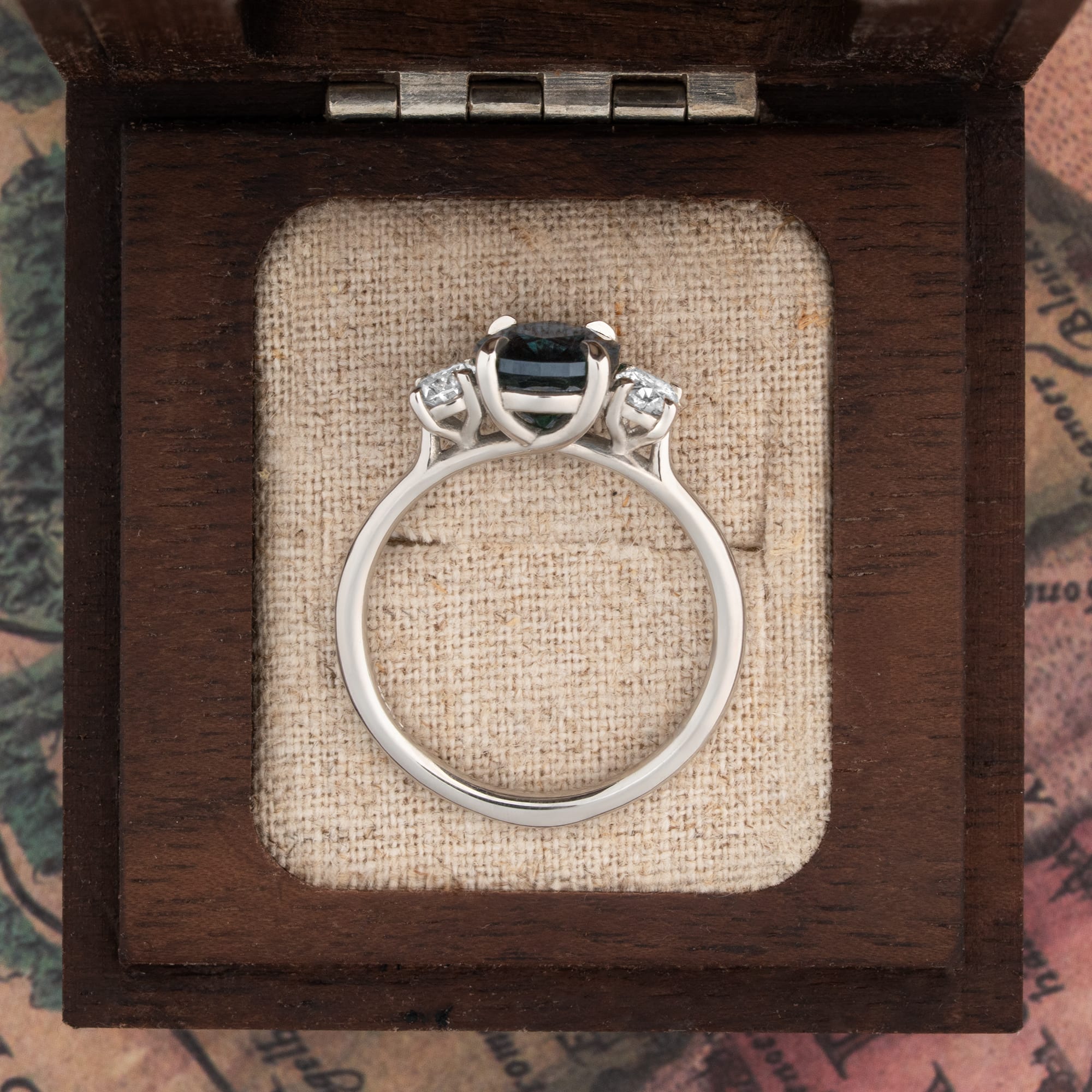 'Midnight Radiance' One of a kind deep teal sapphire and diamond ring — 3