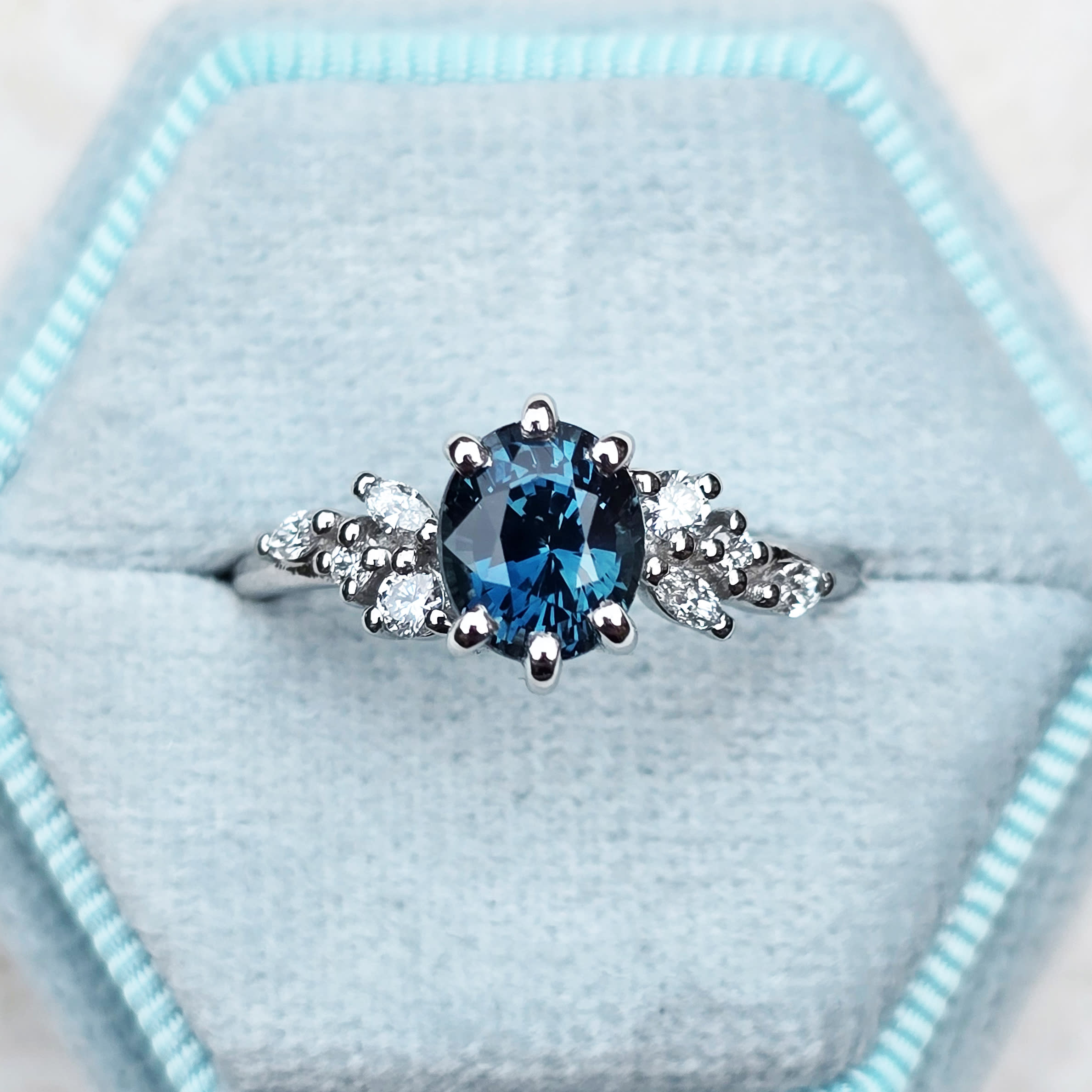 Ocean teal sapphire and lab grown diamond floral ring — 1