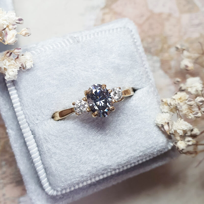 Midnight grey moissanite and diamond trilogy engagement ring — 5