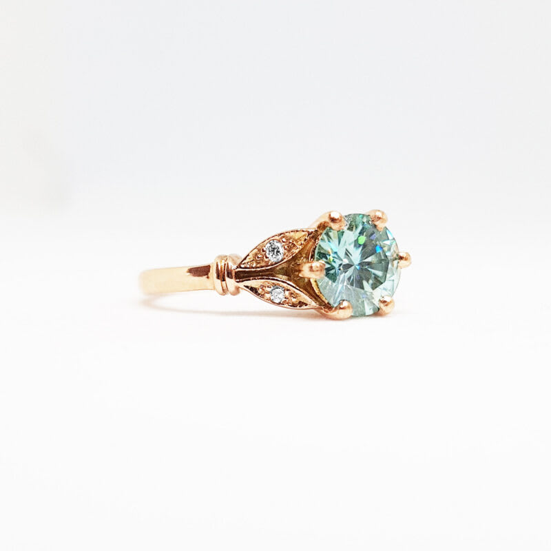 Light blue moissanite and diamond round engagement solitaire nature inspired leaf floral ring in gold handmade for her — 3