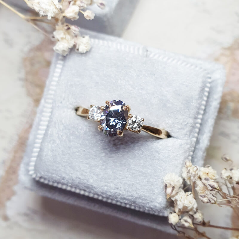 Midnight grey moissanite and diamond trilogy engagement ring — 4