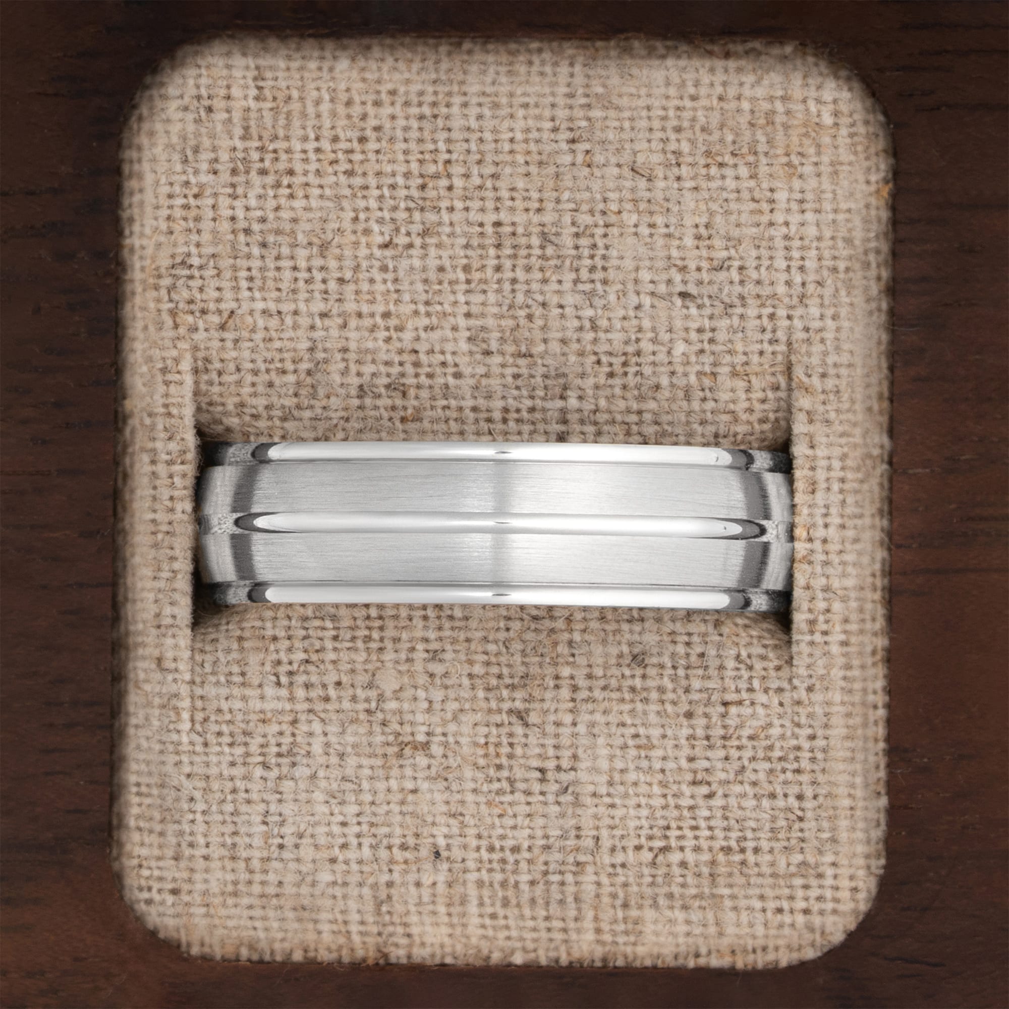 Brushed and polished finished tramline wedding band  - alternate view