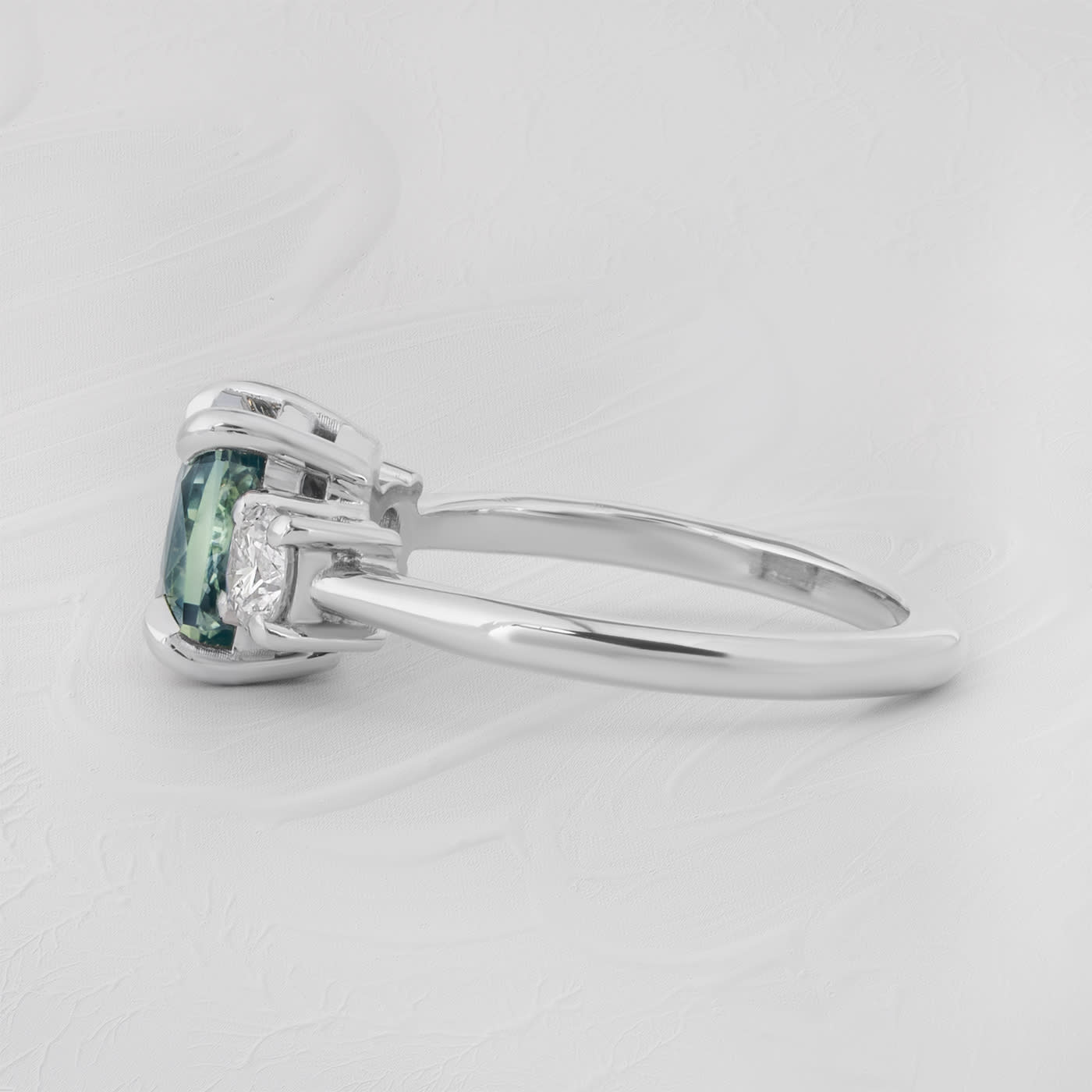 Radiant cut teal sapphire and diamond trilogy ring — 4