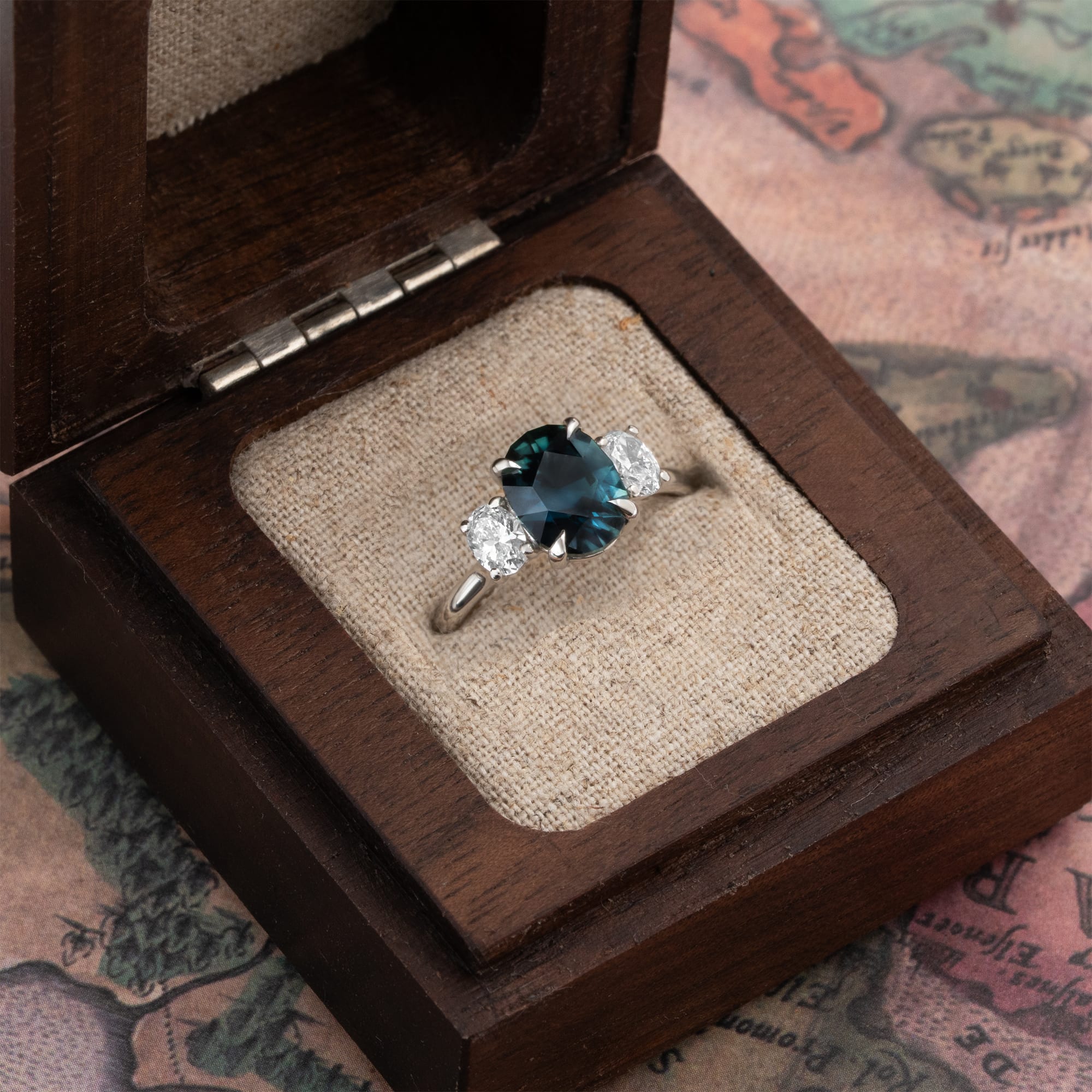 'Midnight Radiance' One of a kind deep teal sapphire and diamond ring — 2