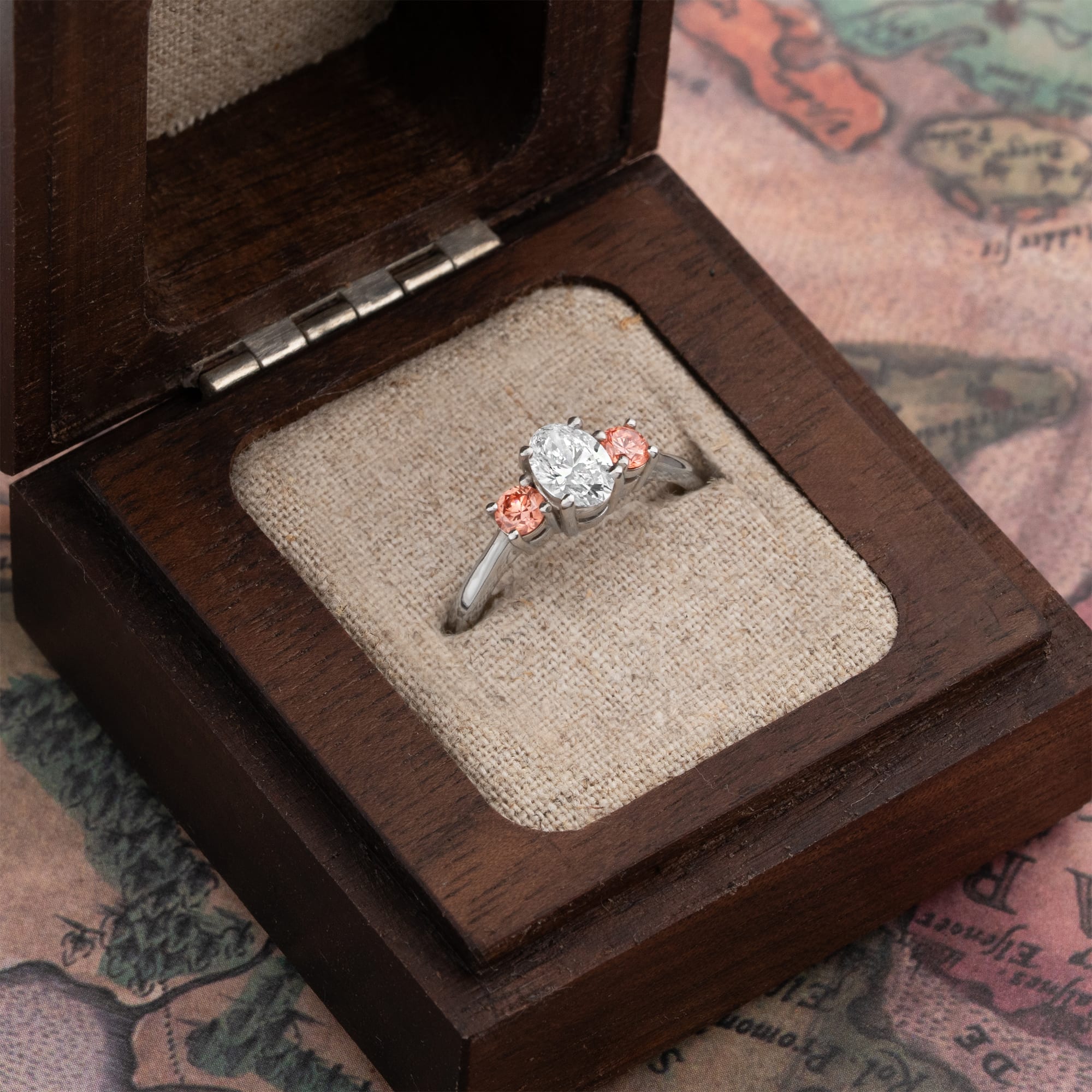 Lab grown champagne pink diamond trilogy ring in platinum — 3