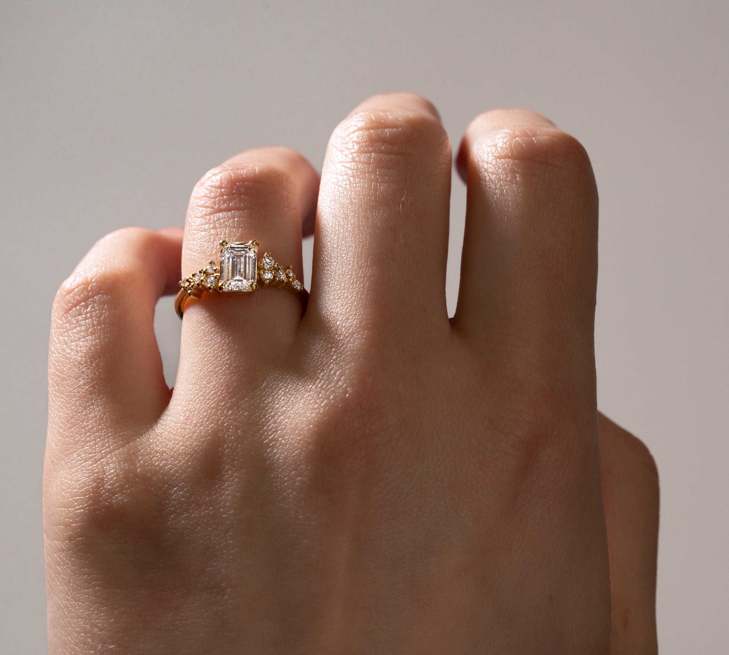 'Hazel' Emerald cut lab grown diamond floral ring — 3