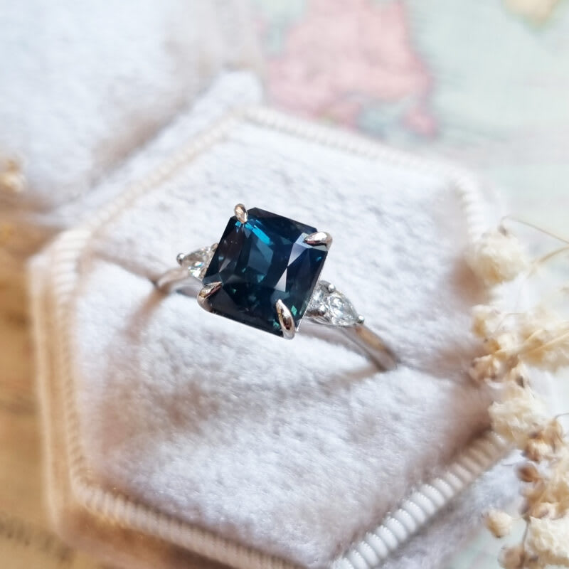 Emerald cut teal sapphire and pear diamond trilogy ring — 6