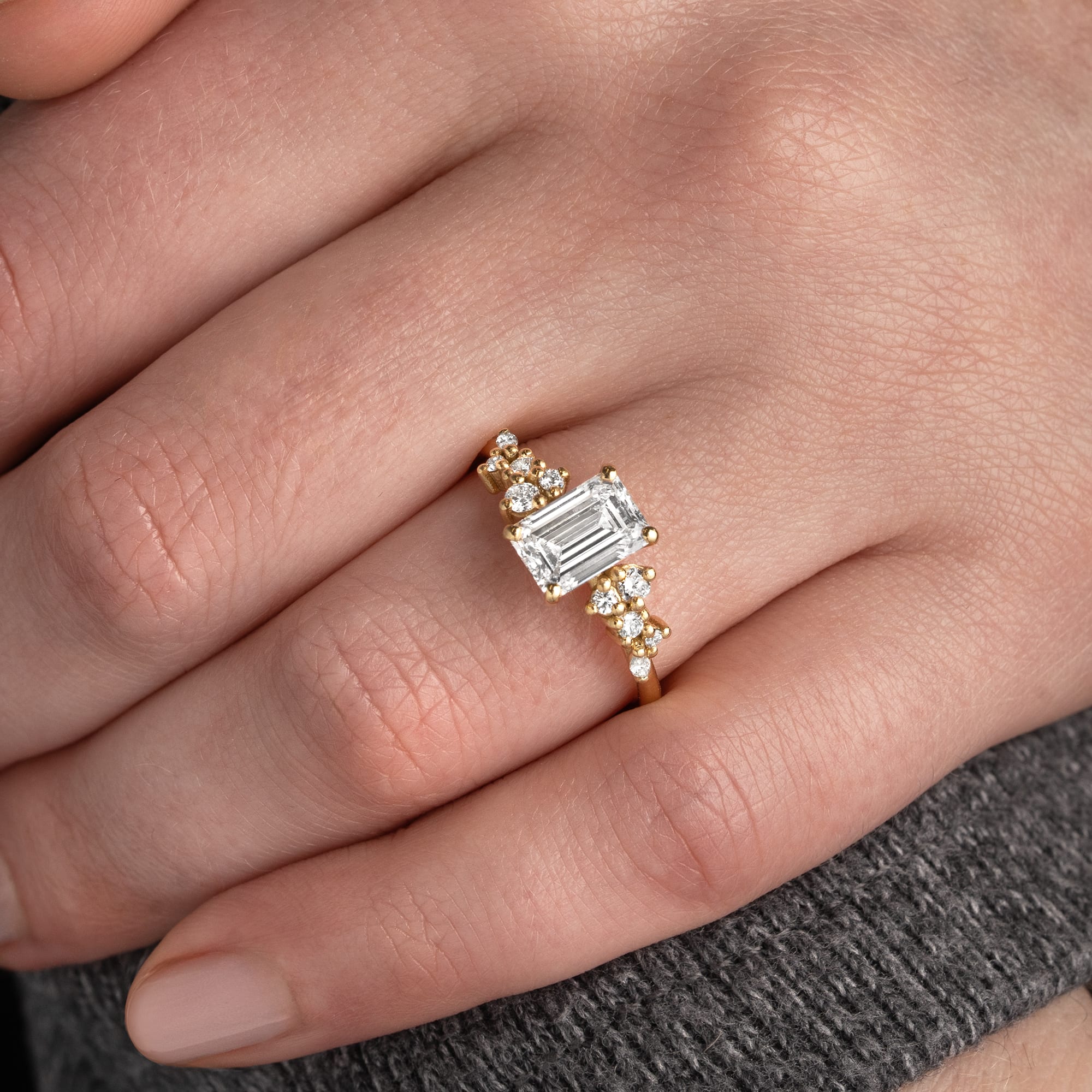 'Hazel' Emerald cut lab grown diamond floral ring — 5