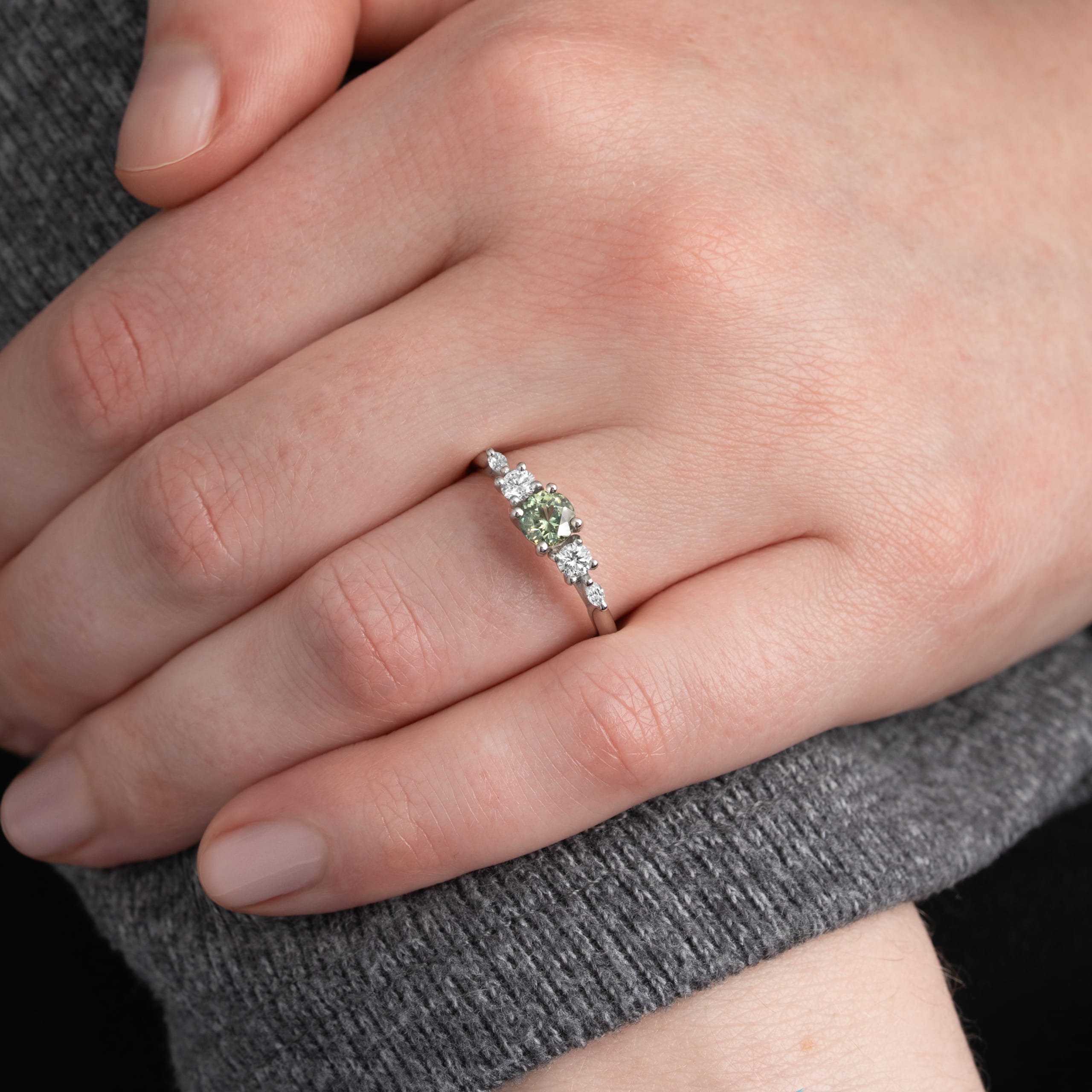 'Sonder' Precision cut green sapphire and diamond trellis ring  — 2