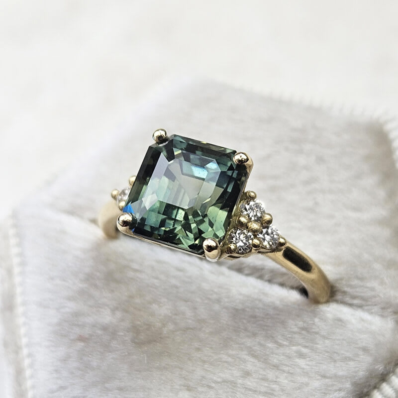 Emerald cut green sapphire and diamond ring — 3