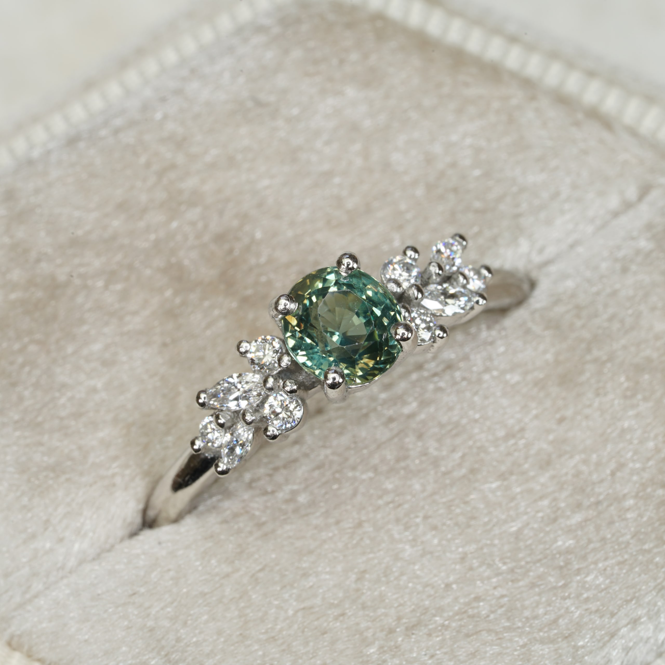 Green sapphire and lab diamond floral ring — 1