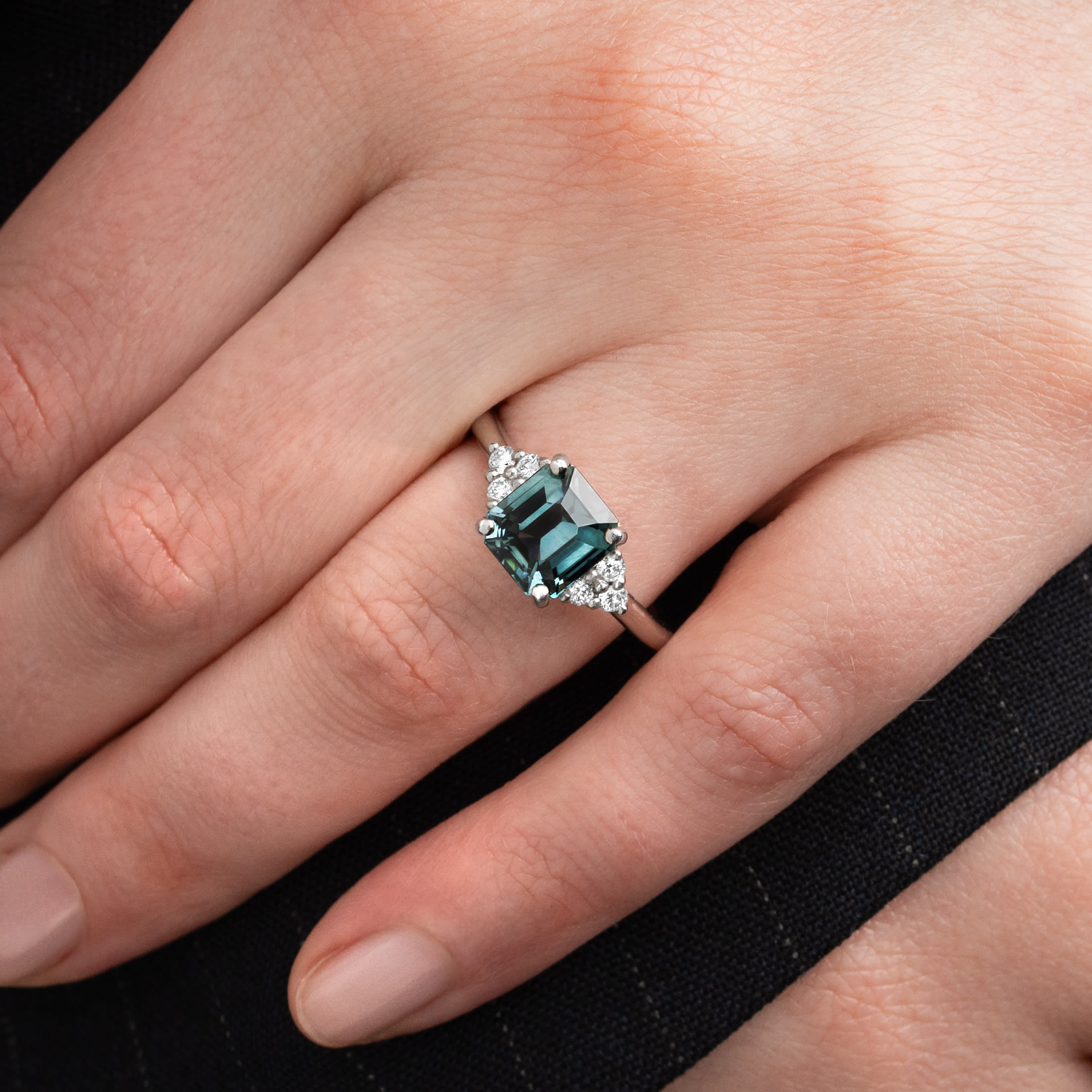 Icy teal sapphire and diamond ring in platinum — 6