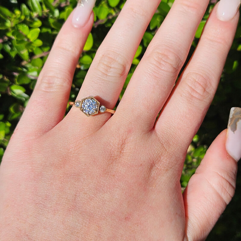 Moissanite three stone trilogy milgrain hexagon engagement ring  - alternate view