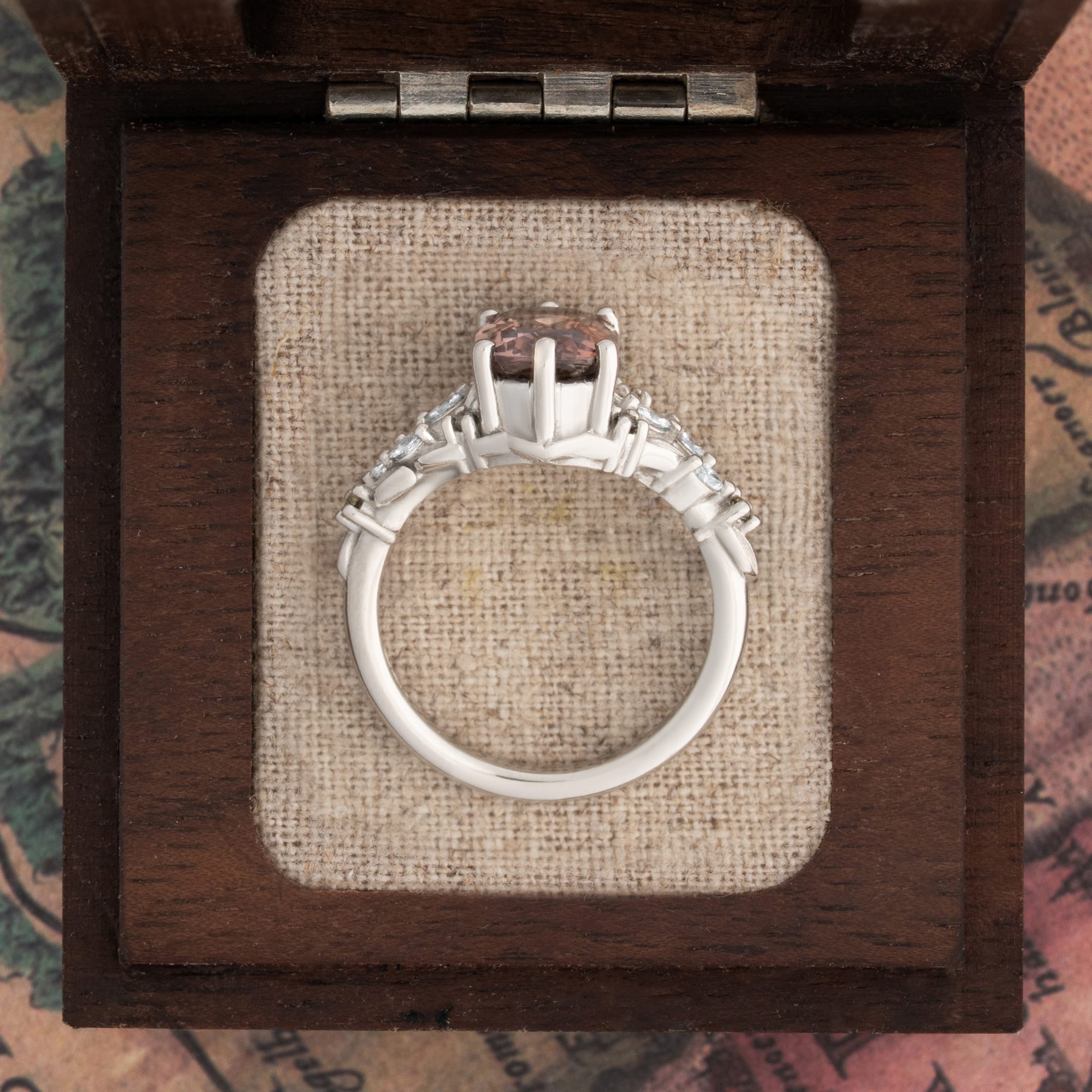 'Aurelyn' Unique Cushion cut sapphire and olive diamond ring in platinum  — 4