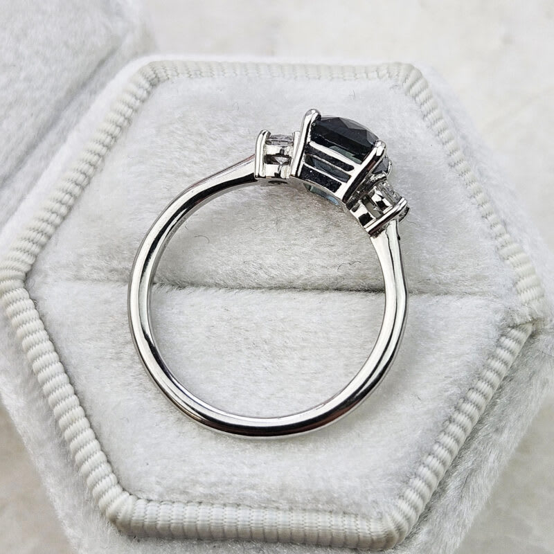 Radiant cut teal sapphire and diamond trilogy ring — 5