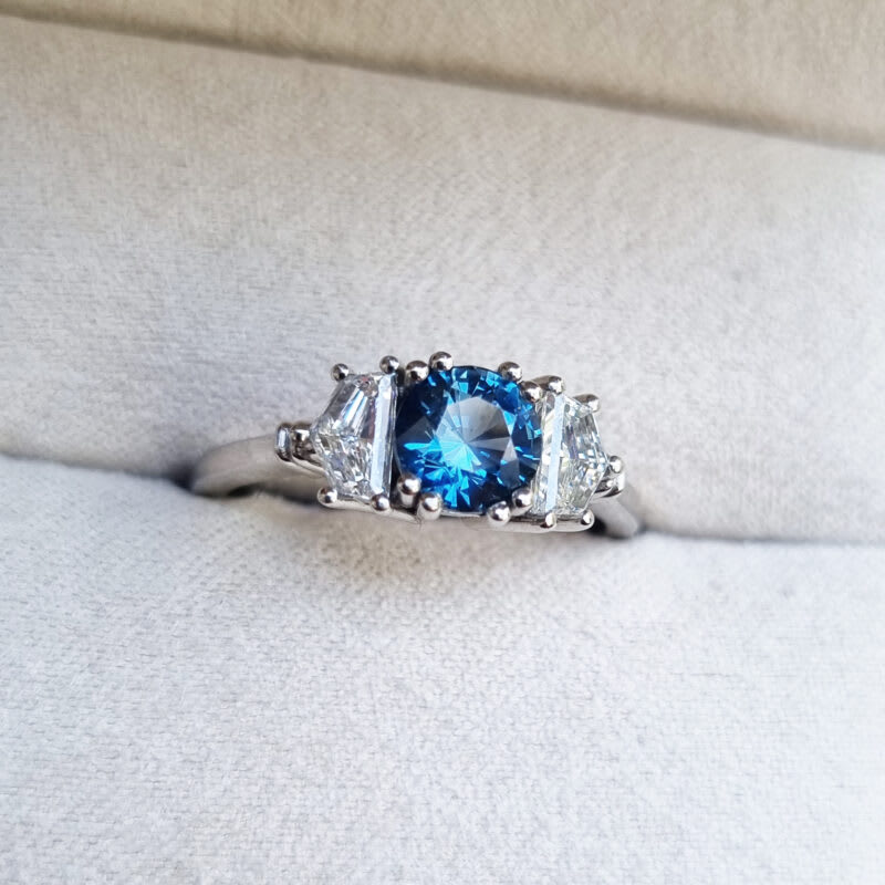 Icy blue sapphire and cadillac cut lab grown diamond trilogy ring — 4