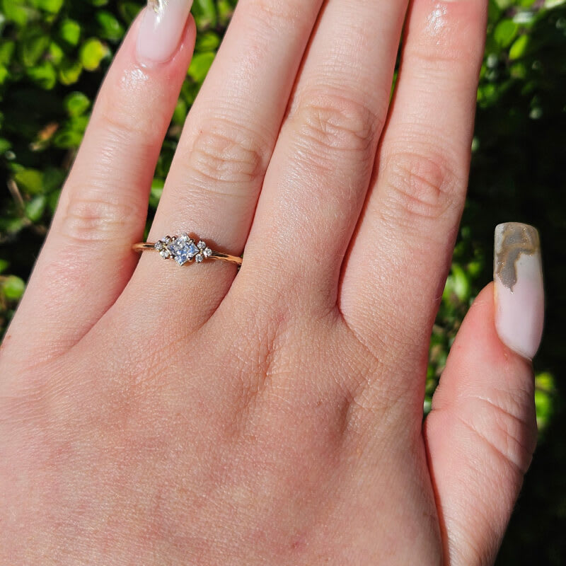 Moissanite and Diamond  1920's inspired Engraved Engagement ring in yellow/rose/white gold or platinum — 3