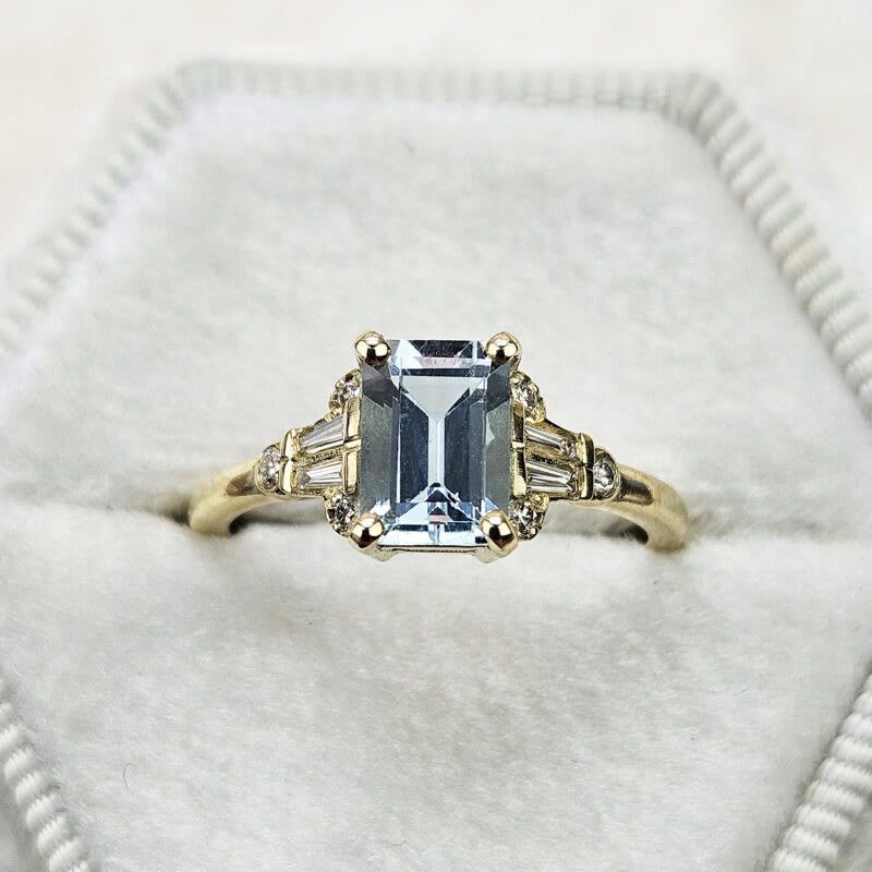 Aquamarine and diamond 1920s inspired engagement ring