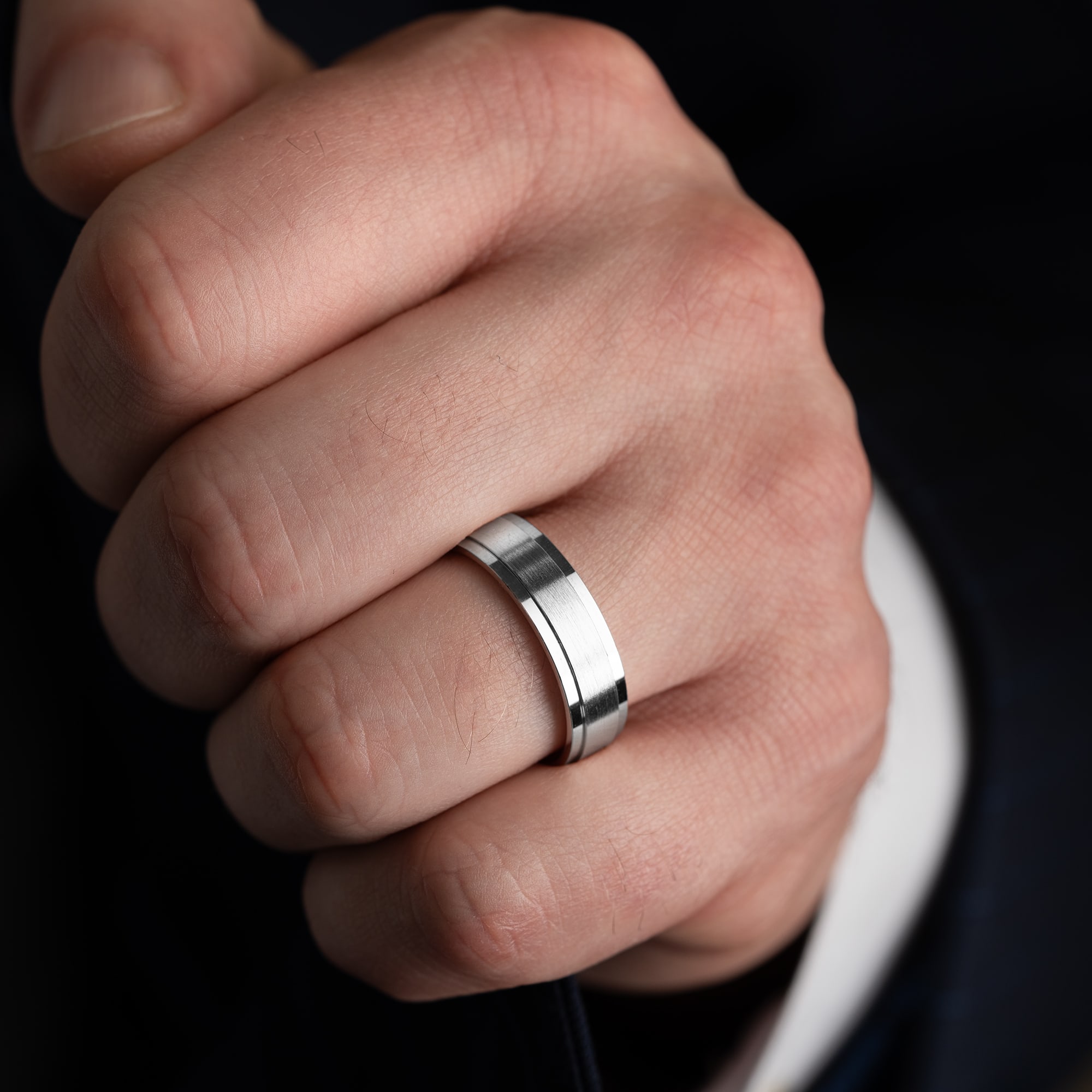Stepped edge brushed center wedding band   — 1