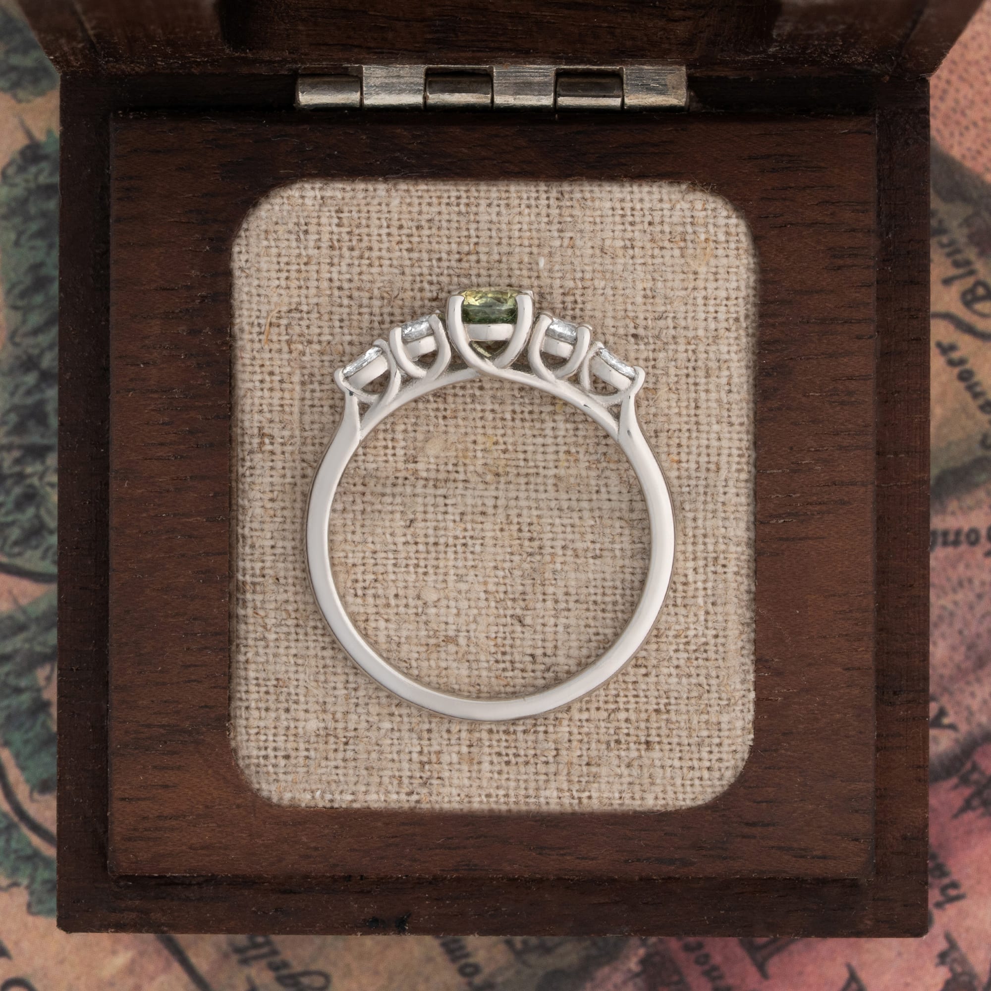 'Sonder' Precision cut green sapphire and diamond trellis ring  — 3