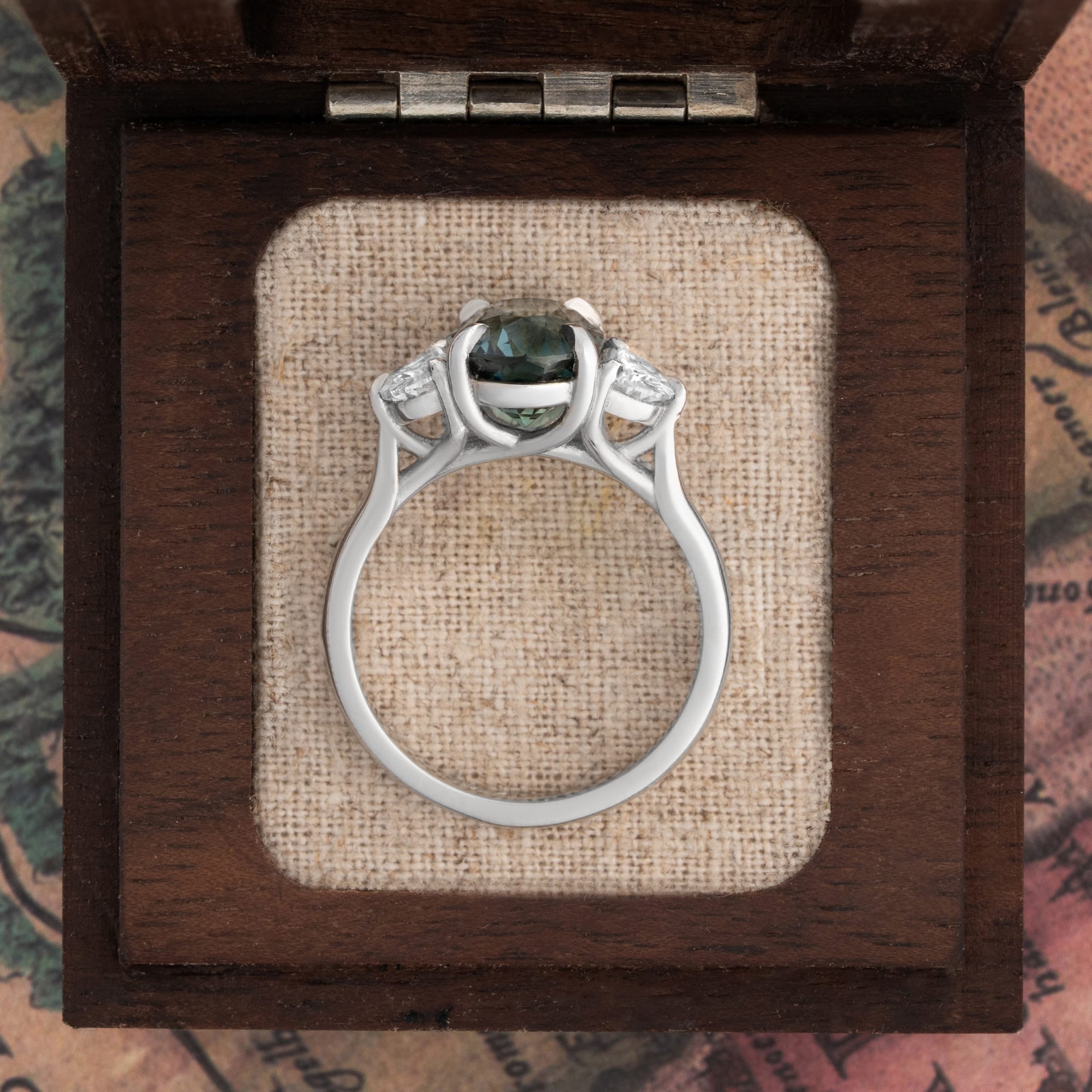 Teal sapphire and half moon diamond ring — 4