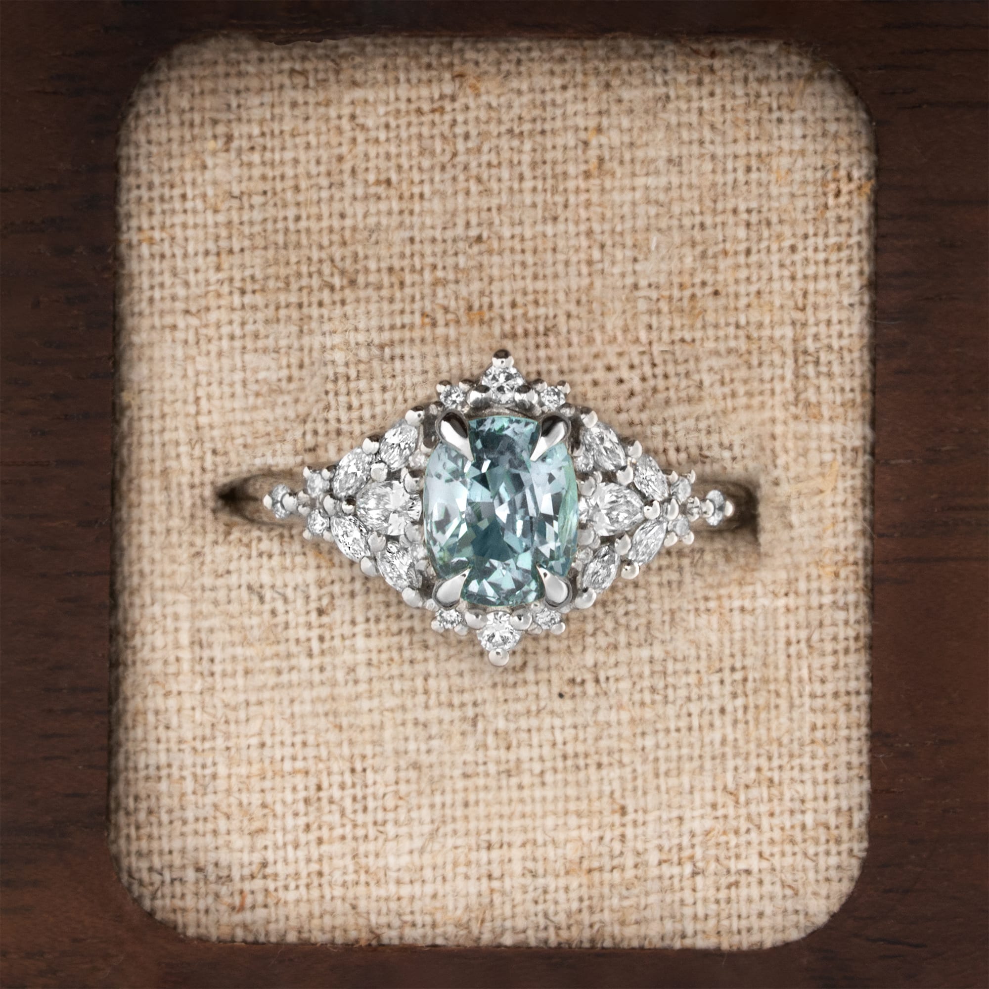 'Meadow' Icy teal sapphire and diamond ring