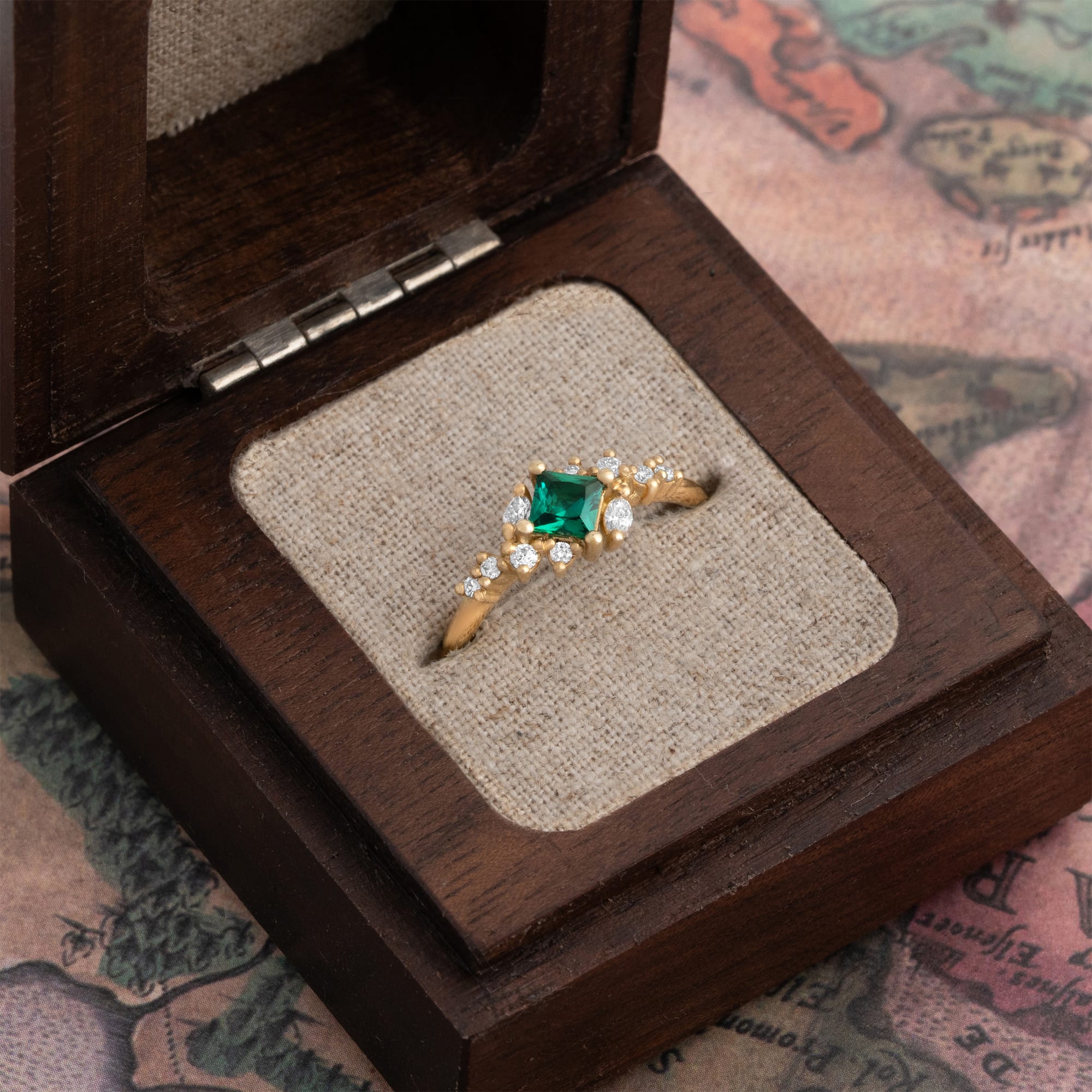 Princess cut lab emerald and diamond cluster ring - alternate view