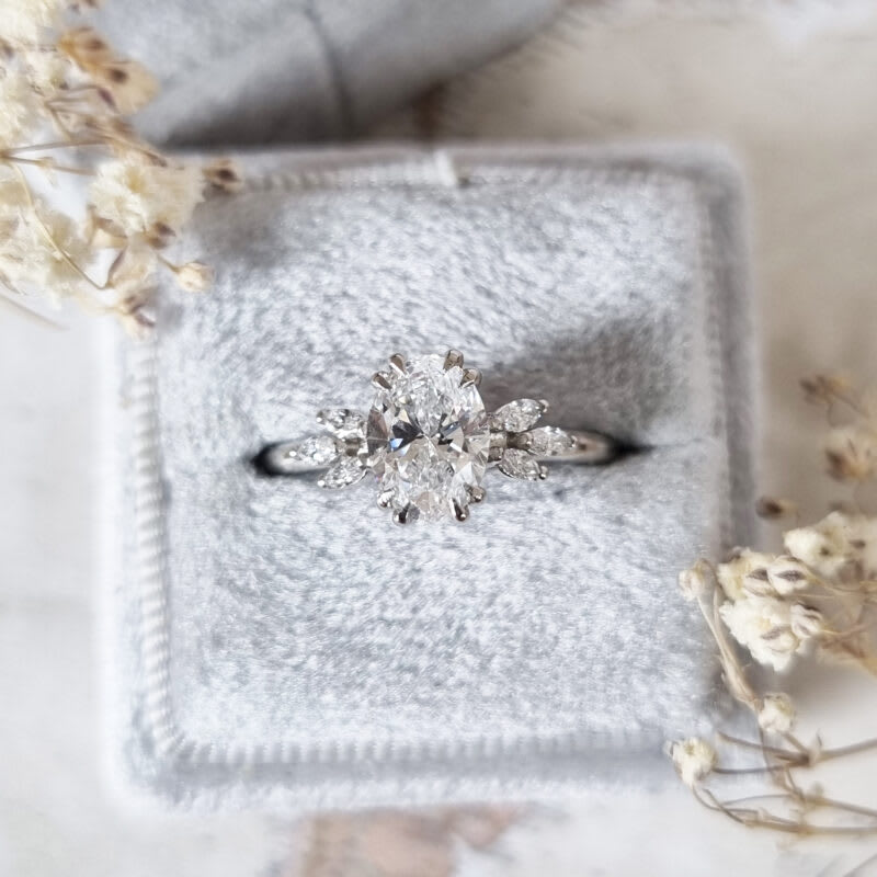 Lab grown diamond floral engagement ring handmade in platinum