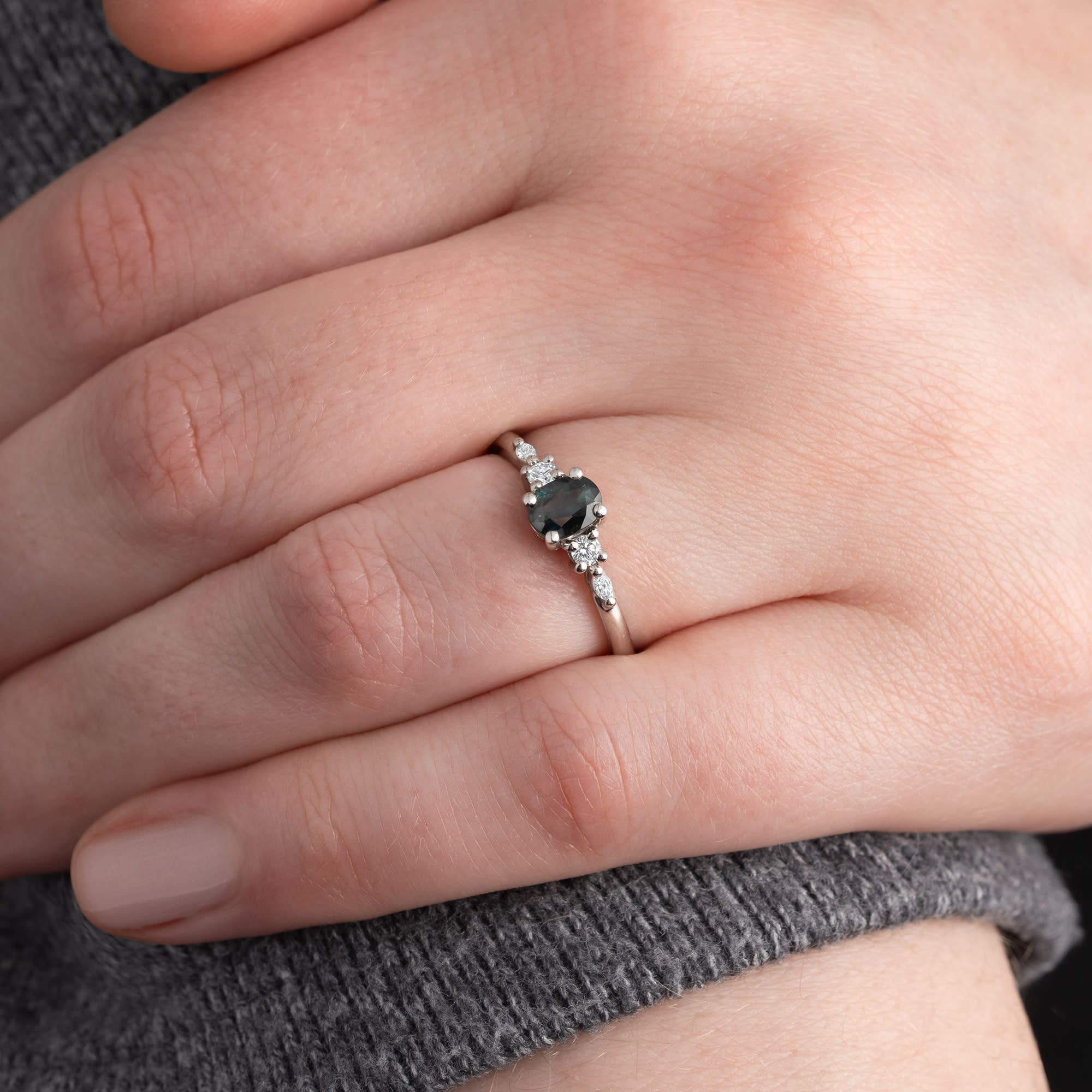 Deep teal sapphire and diamond ring — 4
