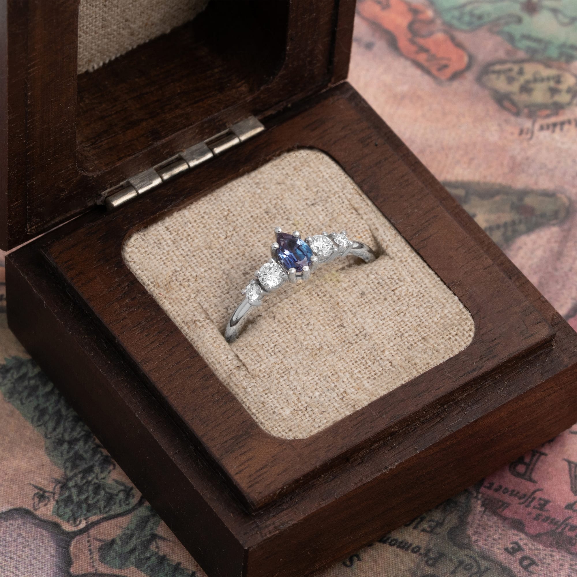 Alexandrite and diamond 5 stone engagement ring in platinum — 3