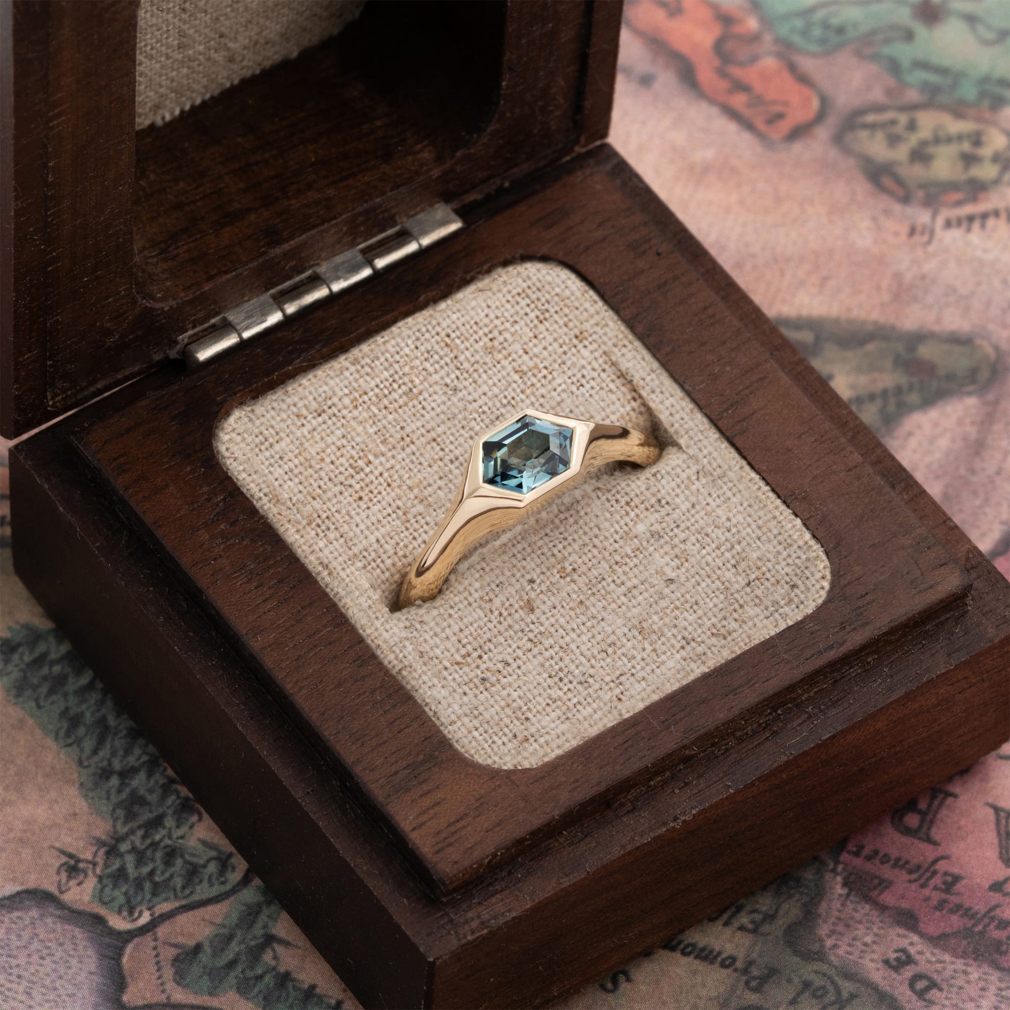'Honeycomb' Hexagon teal sapphire ring - alternate view