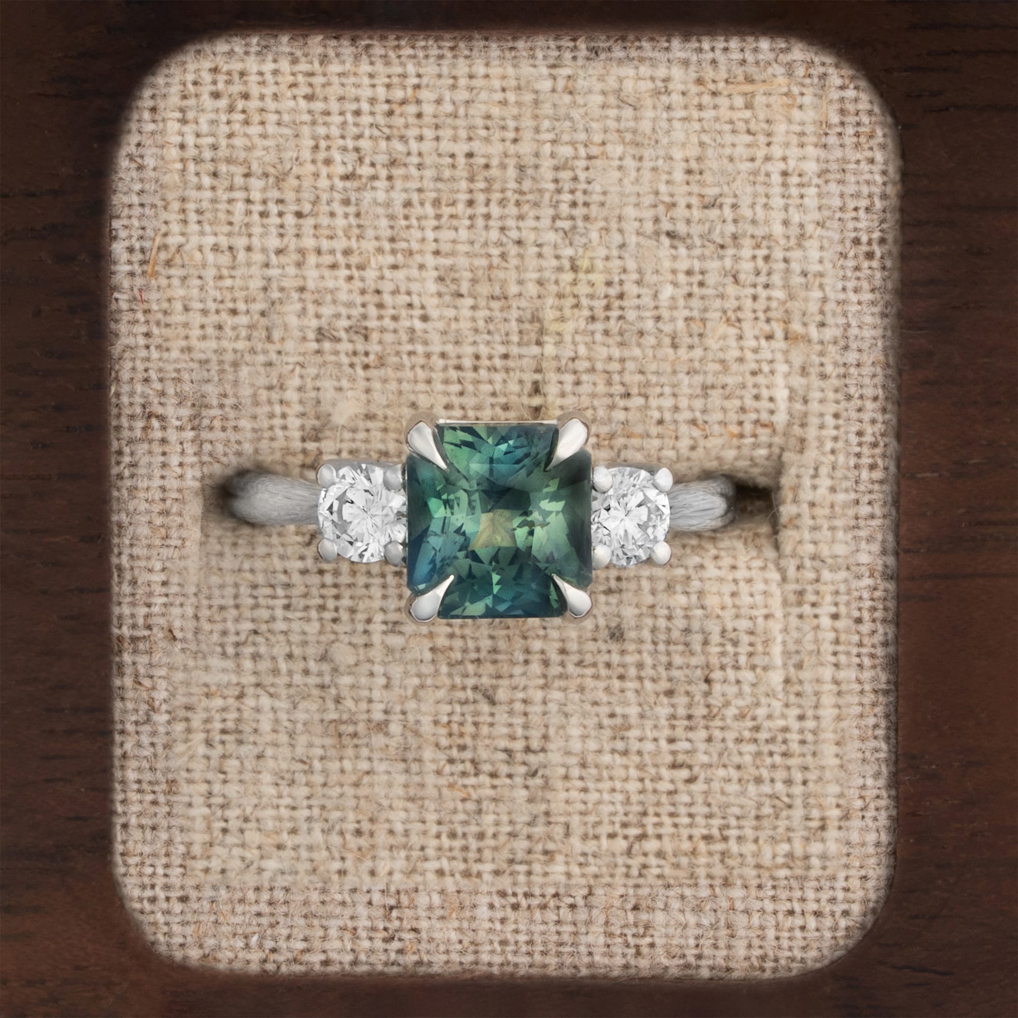 Radiant cut teal sapphire and diamond trilogy ring — 1