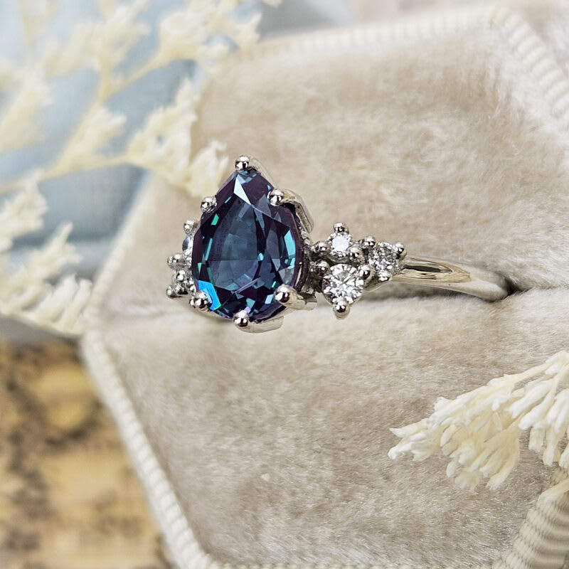 Pear lab grown alexandrite and diamond cluster ring in platinum — 4