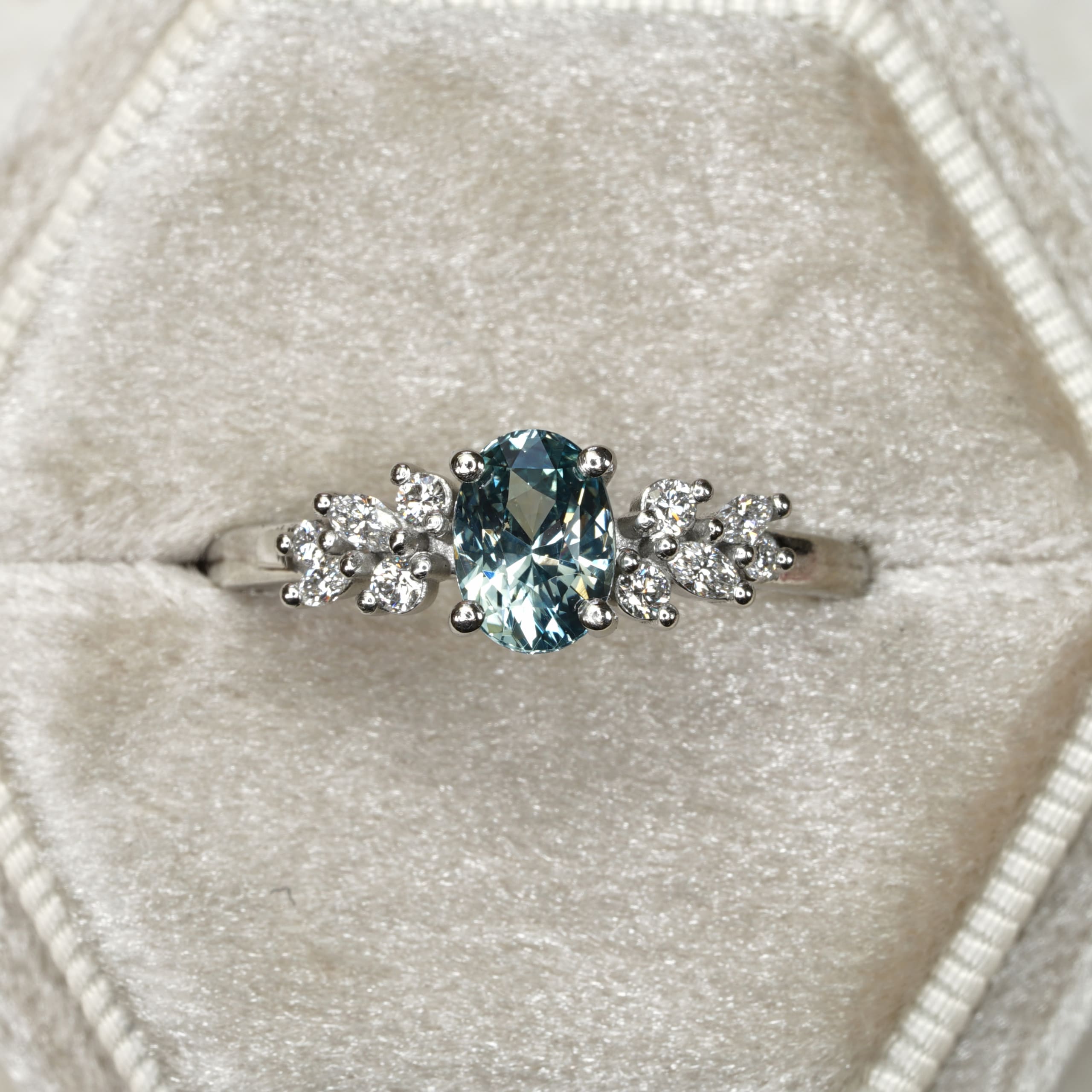 Icy teal sapphire and diamond floral ring — 1