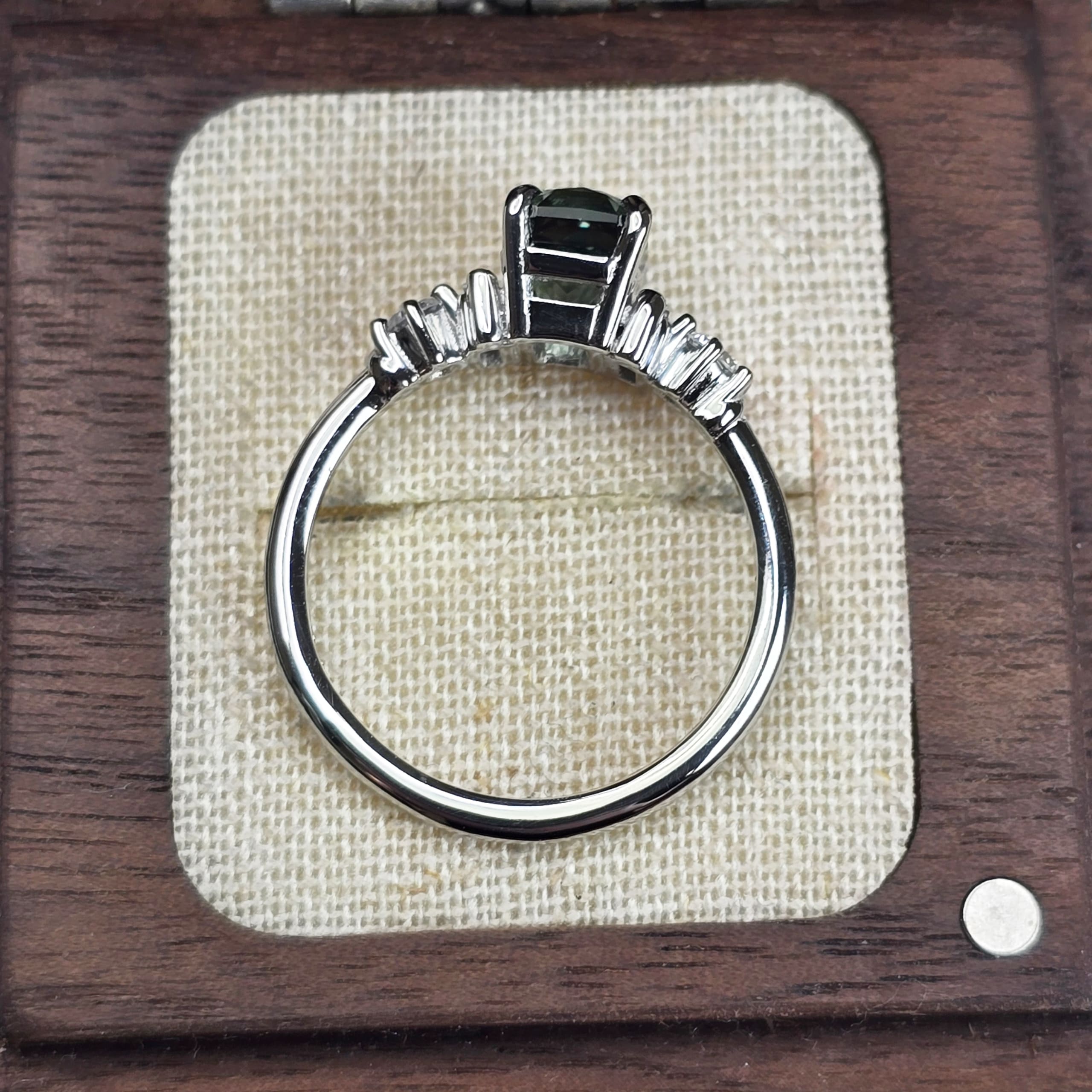Art deco teal sapphire and lab grown diamond ring — 2