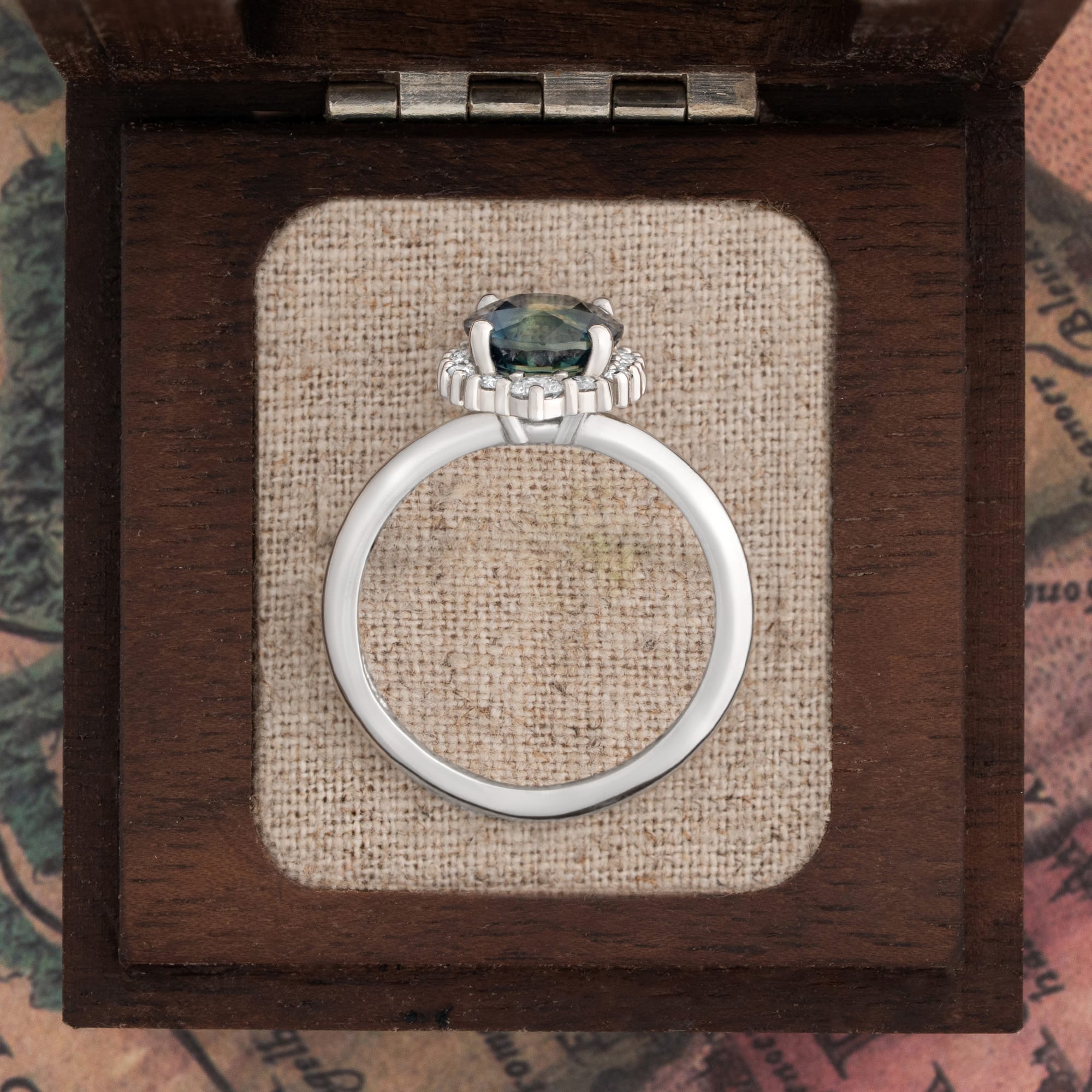 Parti sapphire and diamond halo engagement ring — 4