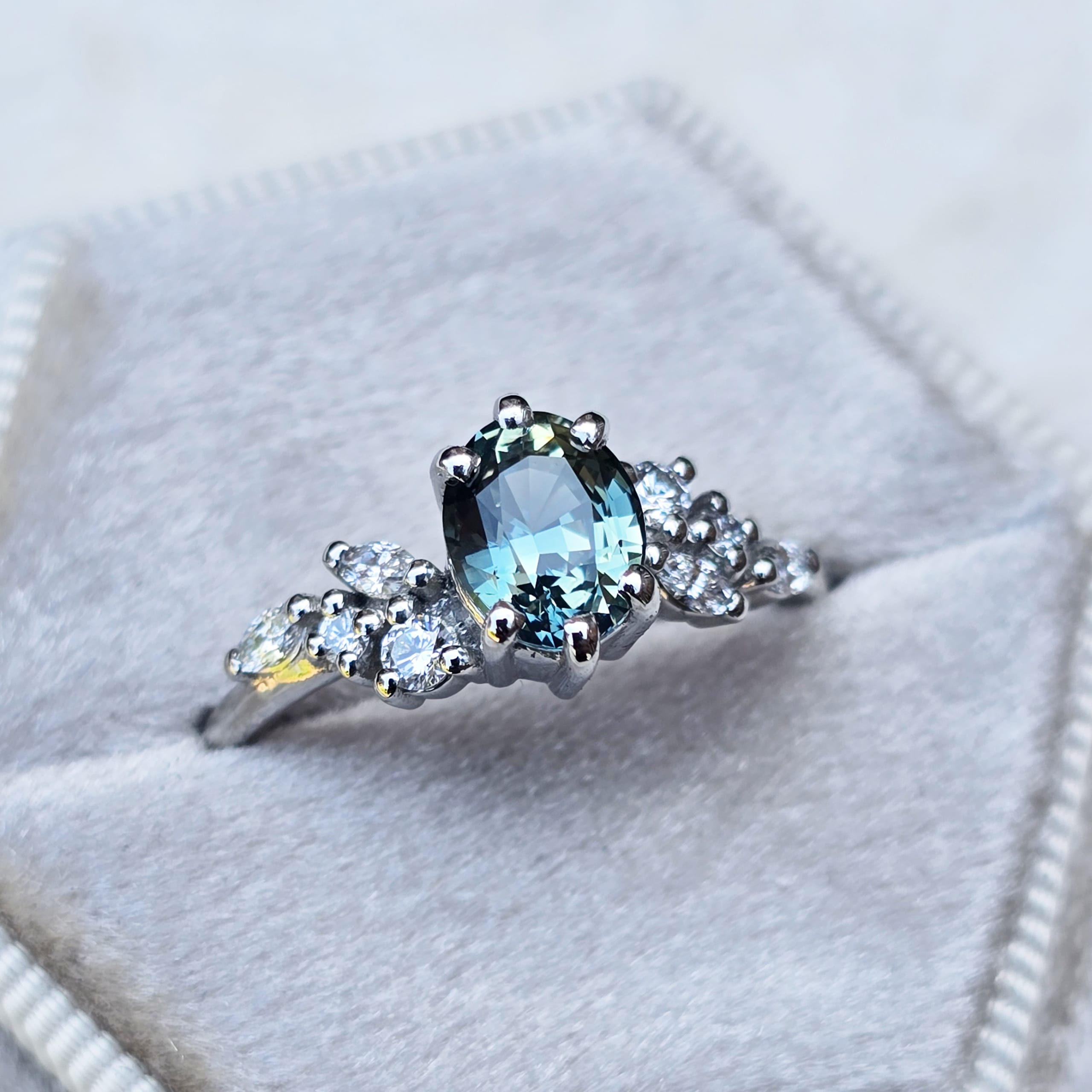 Icy teal sapphire and lab grown diamond floral ring — 2