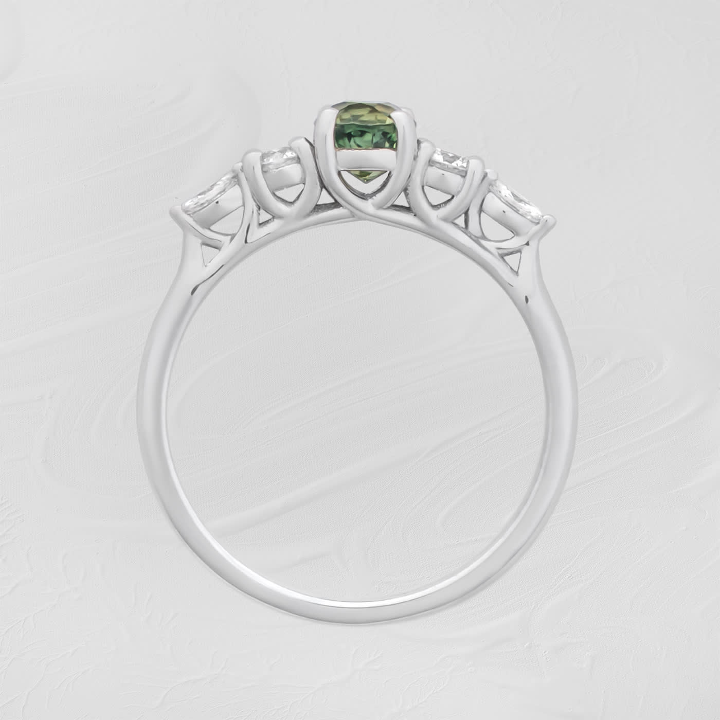 Oval teal sapphire and diamond trellis ring  — 2