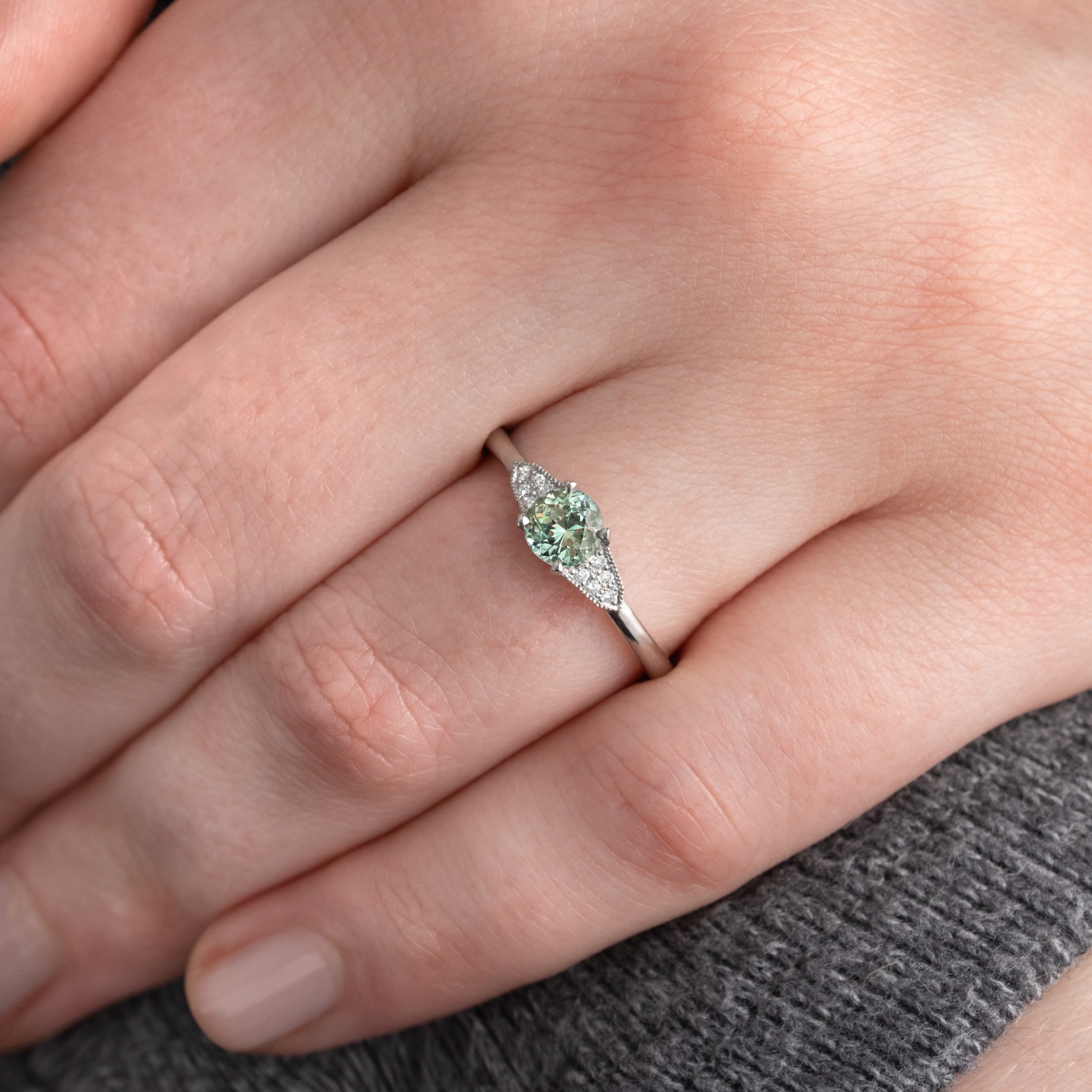 Seafoam green sapphire and diamond engagement ring  — 2