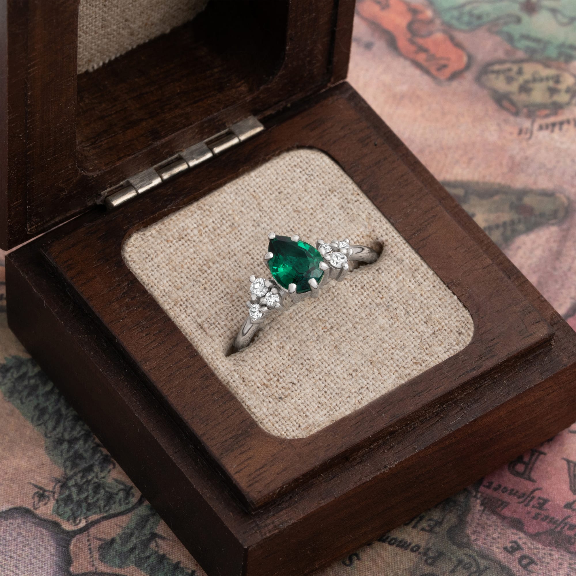 Pear lab grown emerald and diamond cluster ring in 18ct yellow gold — 3