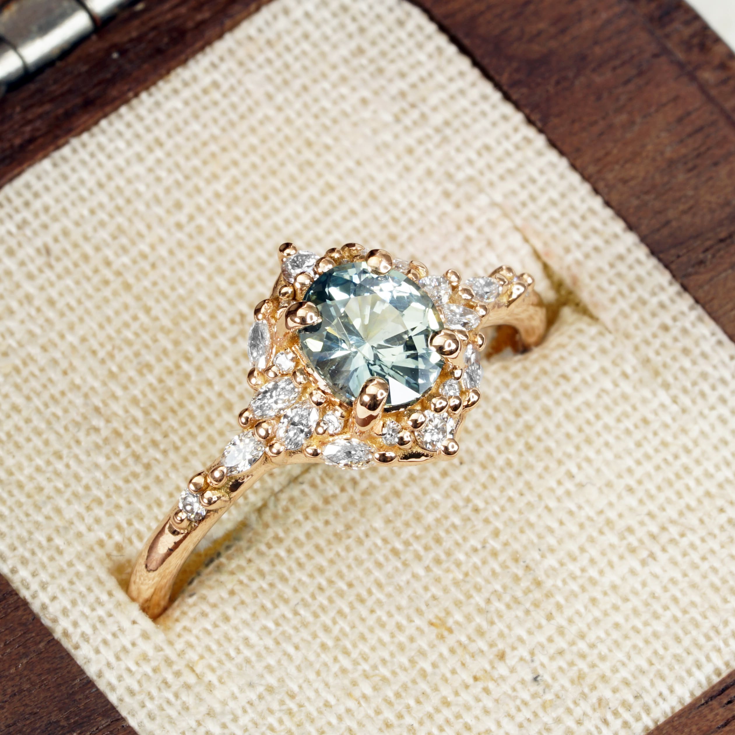 'Elderwood' Icy teal sapphire and diamond ring — 3