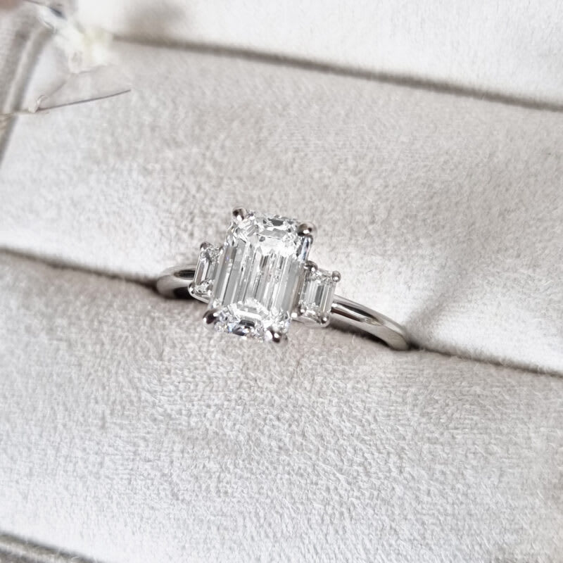 Emerald cut lab grown diamond trilogy ring — 5
